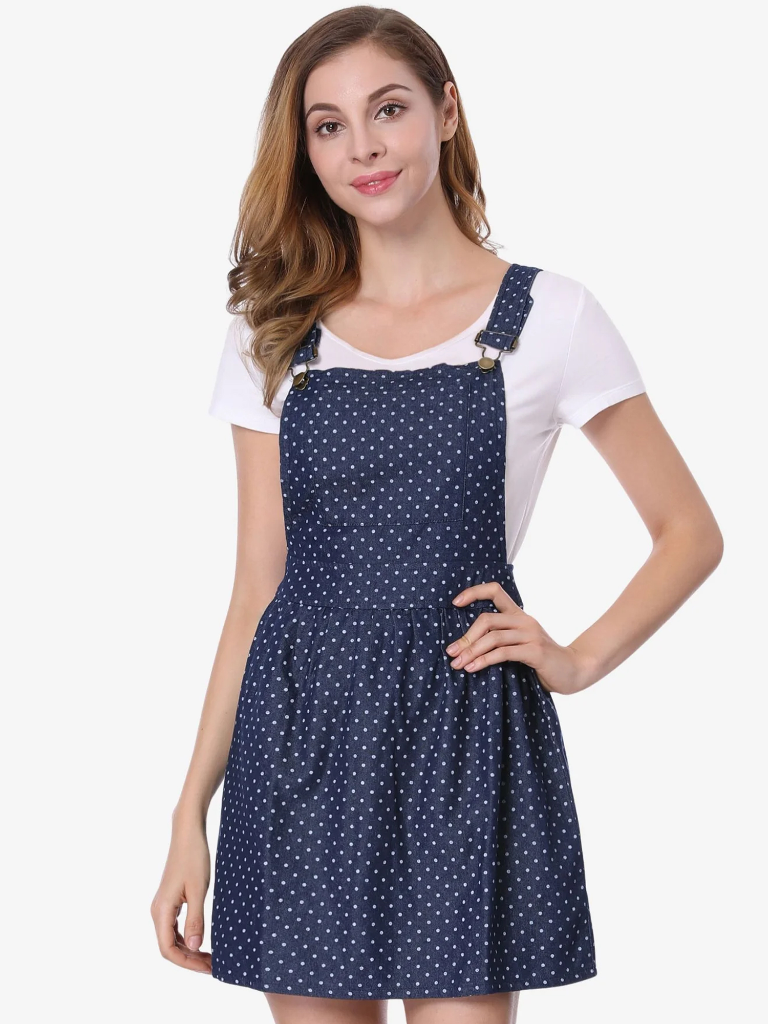 Printed Adjustable Straps Mini Chambray Overall Pinafore Dress Dark Blue-Dots/M