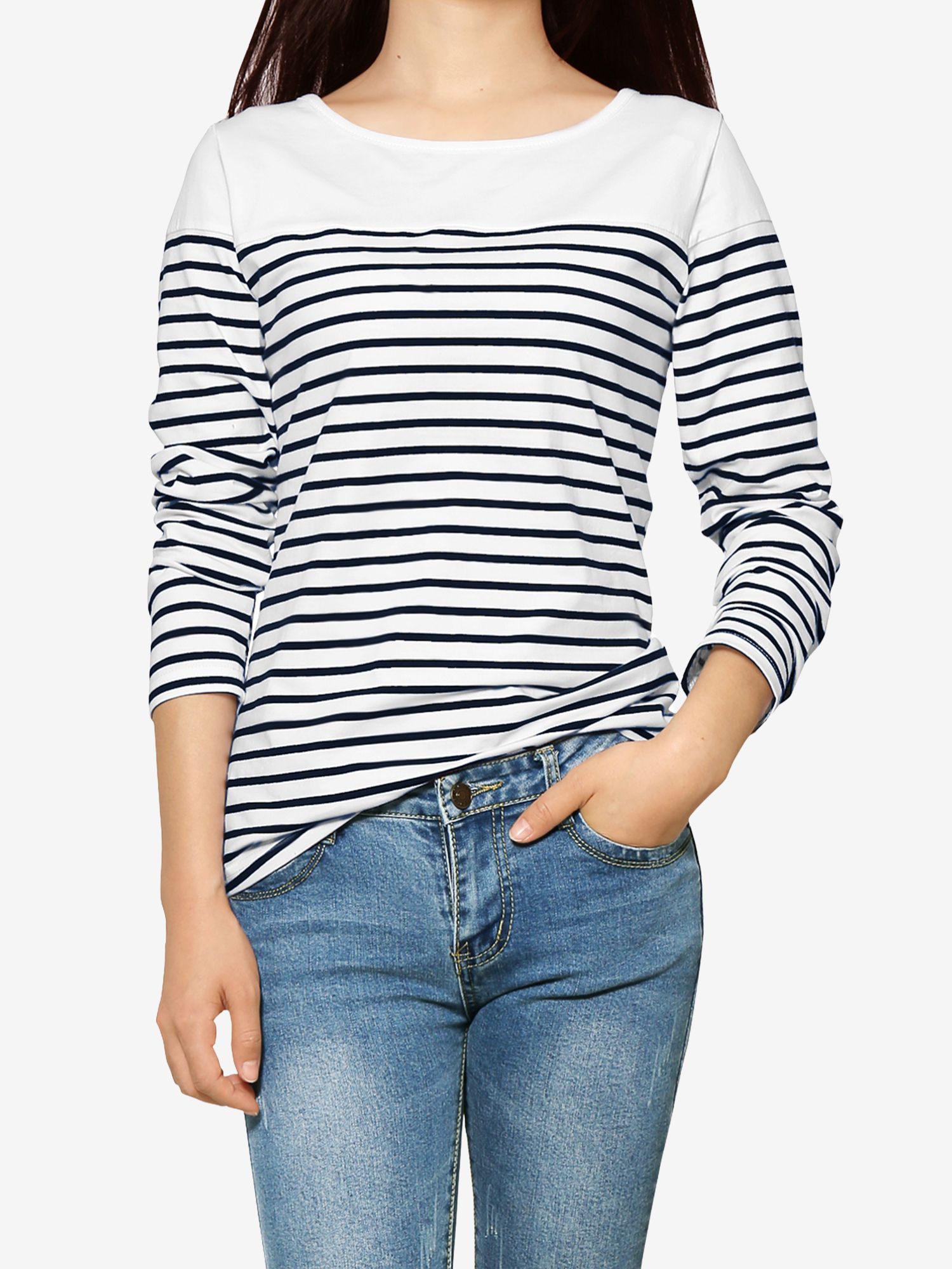Color Block Long Sleeve Round Neck Striped T-Shirt Dark Blue/S