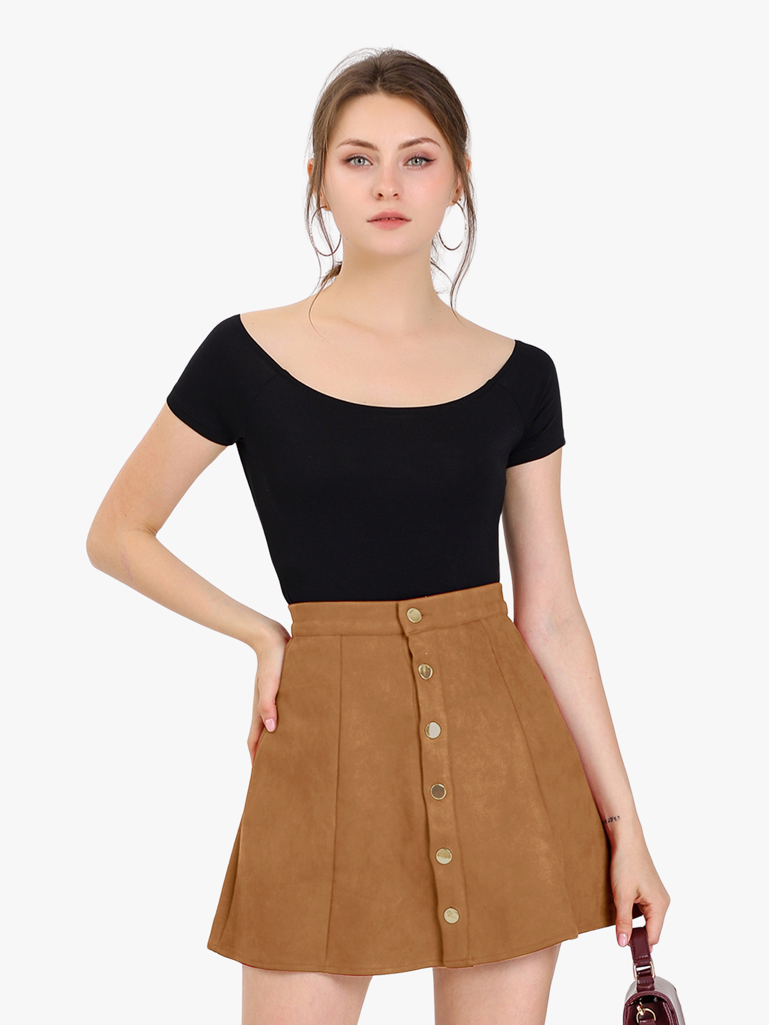 Faux Suede Button Closure A-Line High Waisted Short Skirt Brown/S