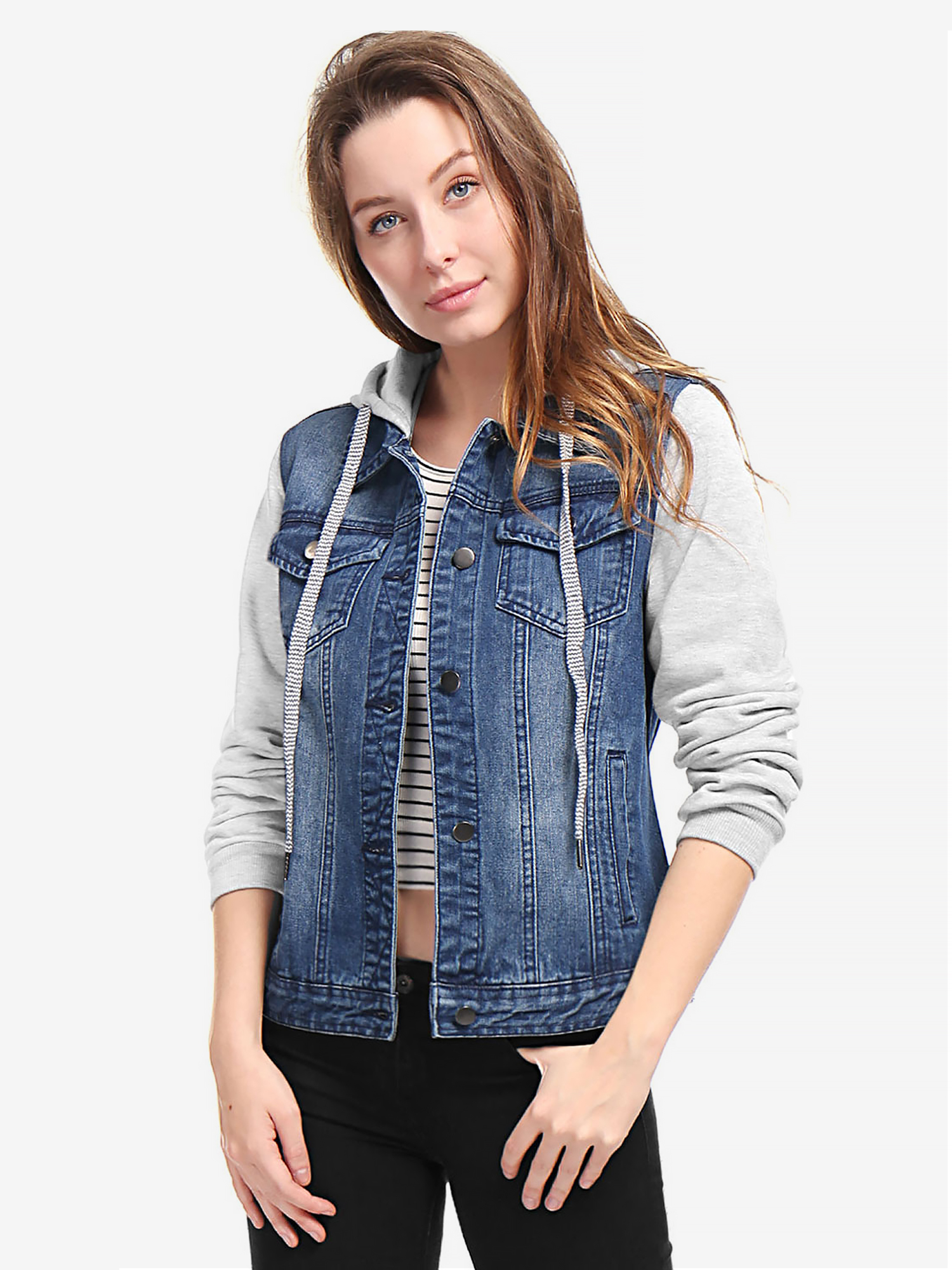 Casual Layered Drawstring Pockets Hood Denim Jacket Dark Blue/L