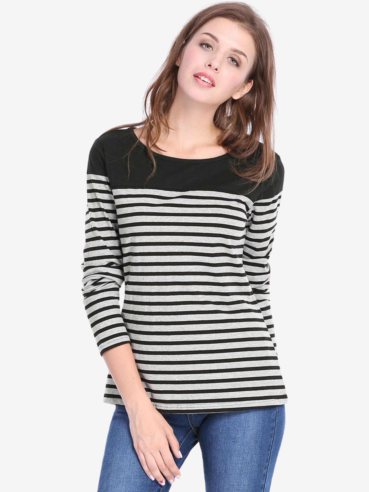 Color Block Long Sleeve Round Neck Striped T-Shirt Gray/S