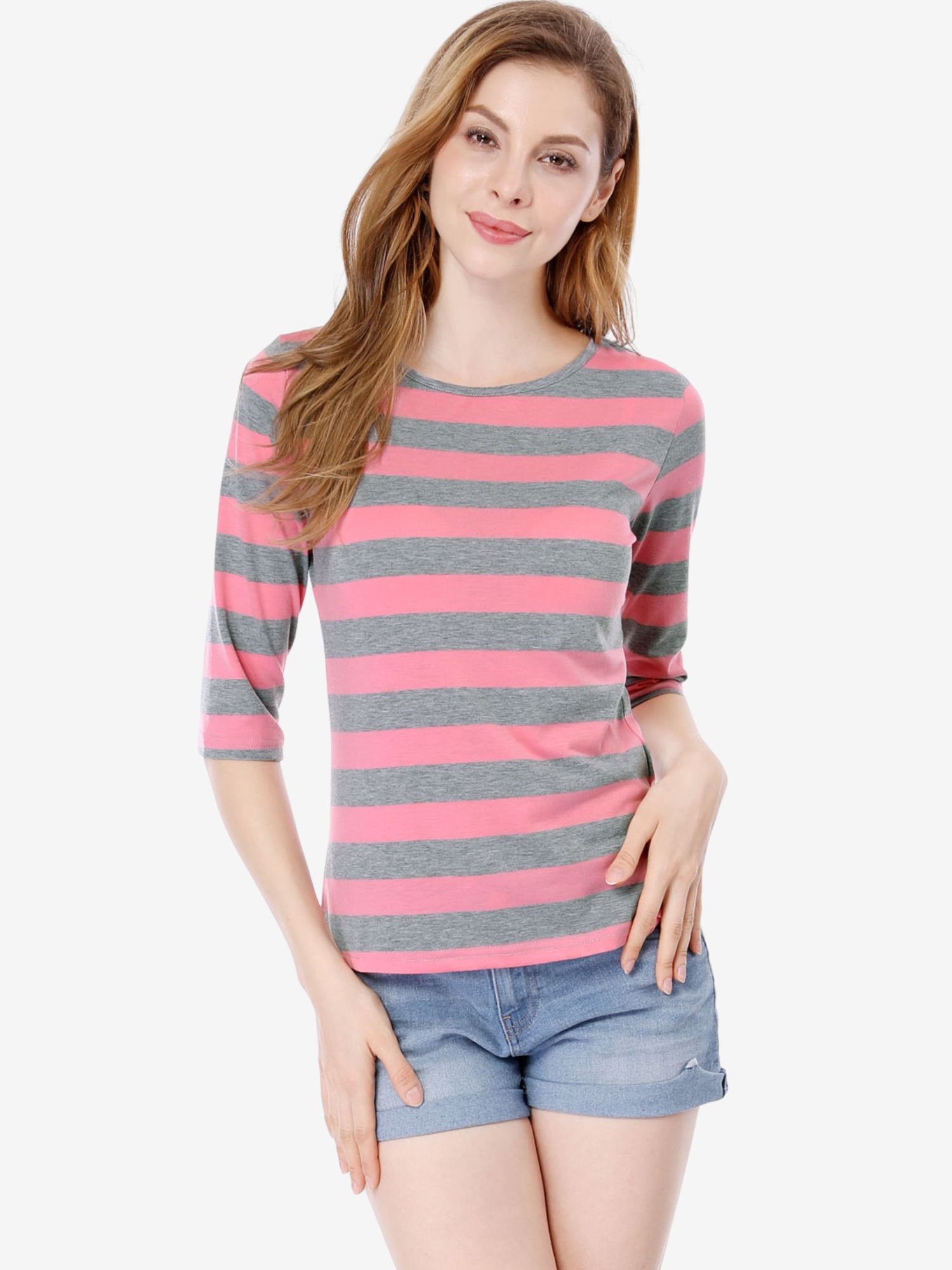 Casual Striped 3/4 Sleeve Round Neck T-Shirt Pink/S