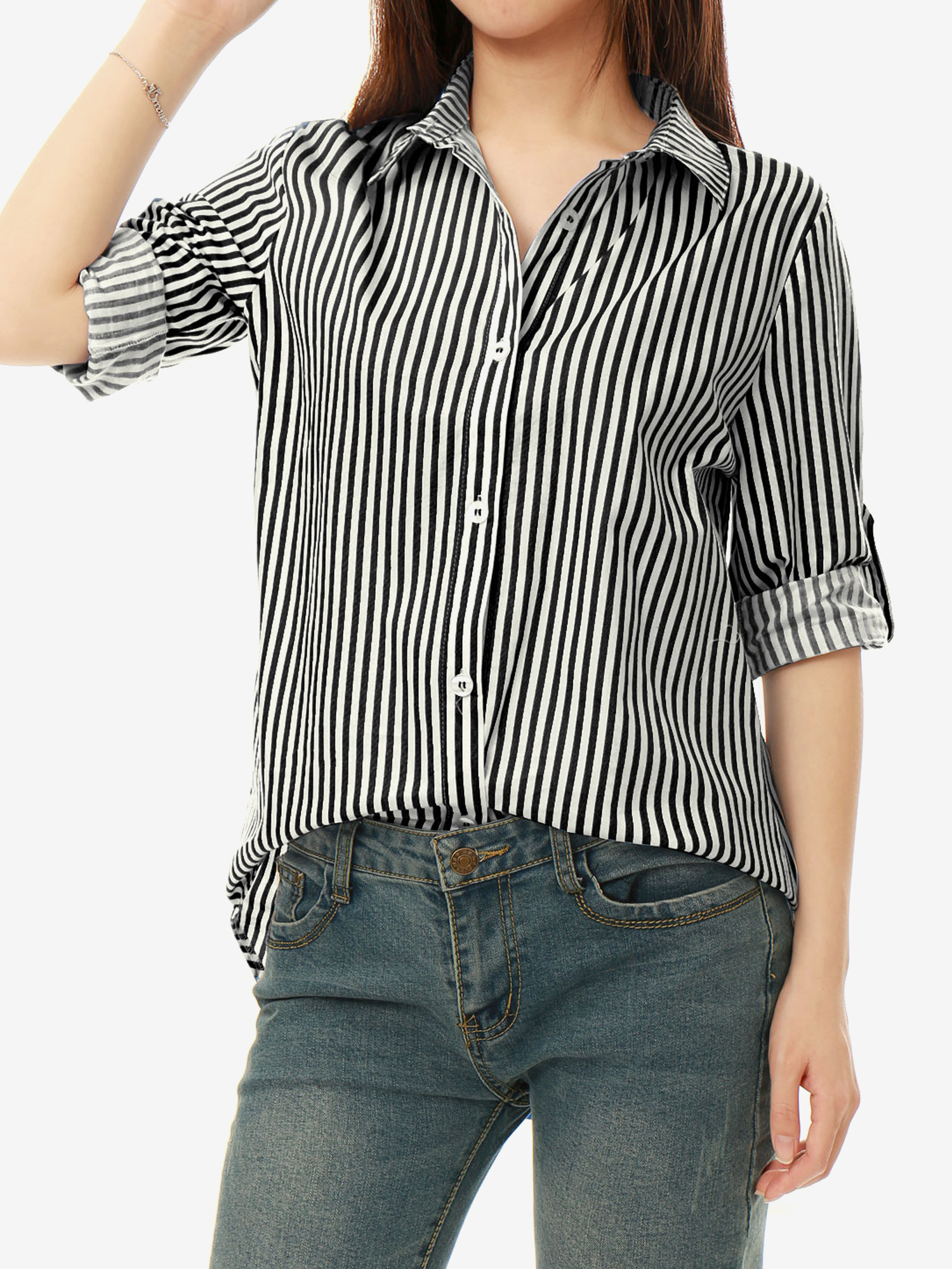Striped Button Down Roll-up Long Sleeve Point Collar Shirt Black/XL