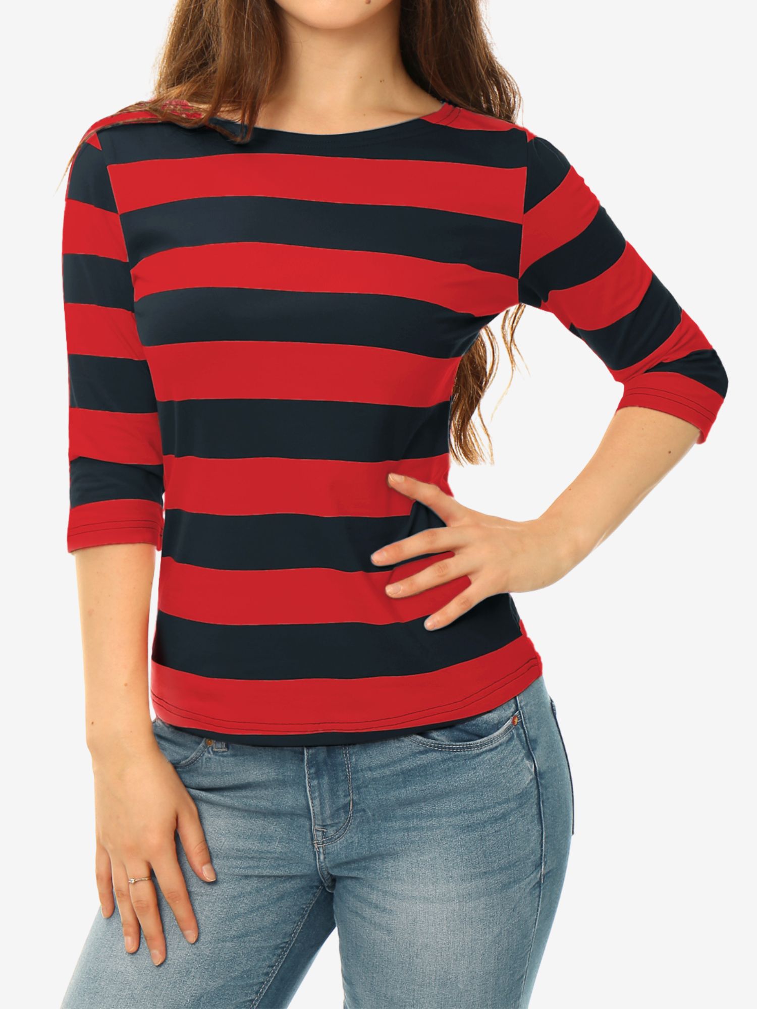 Striped 3/4 Sleeve Casual Basic Boat Neck T-shirt Red Blue/M