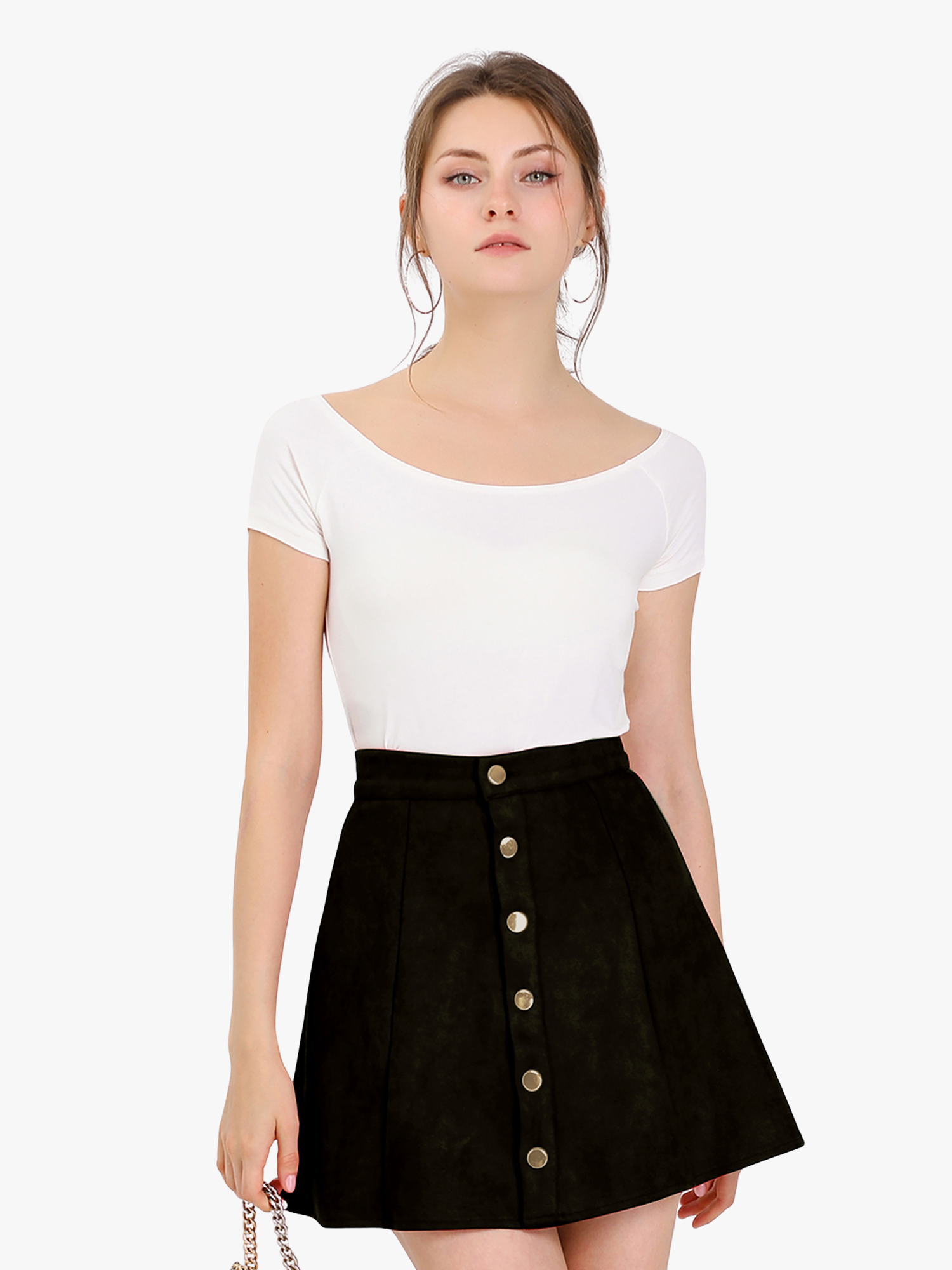 Faux Suede Button Closure A-Line High Waisted Short Skirt Black/M