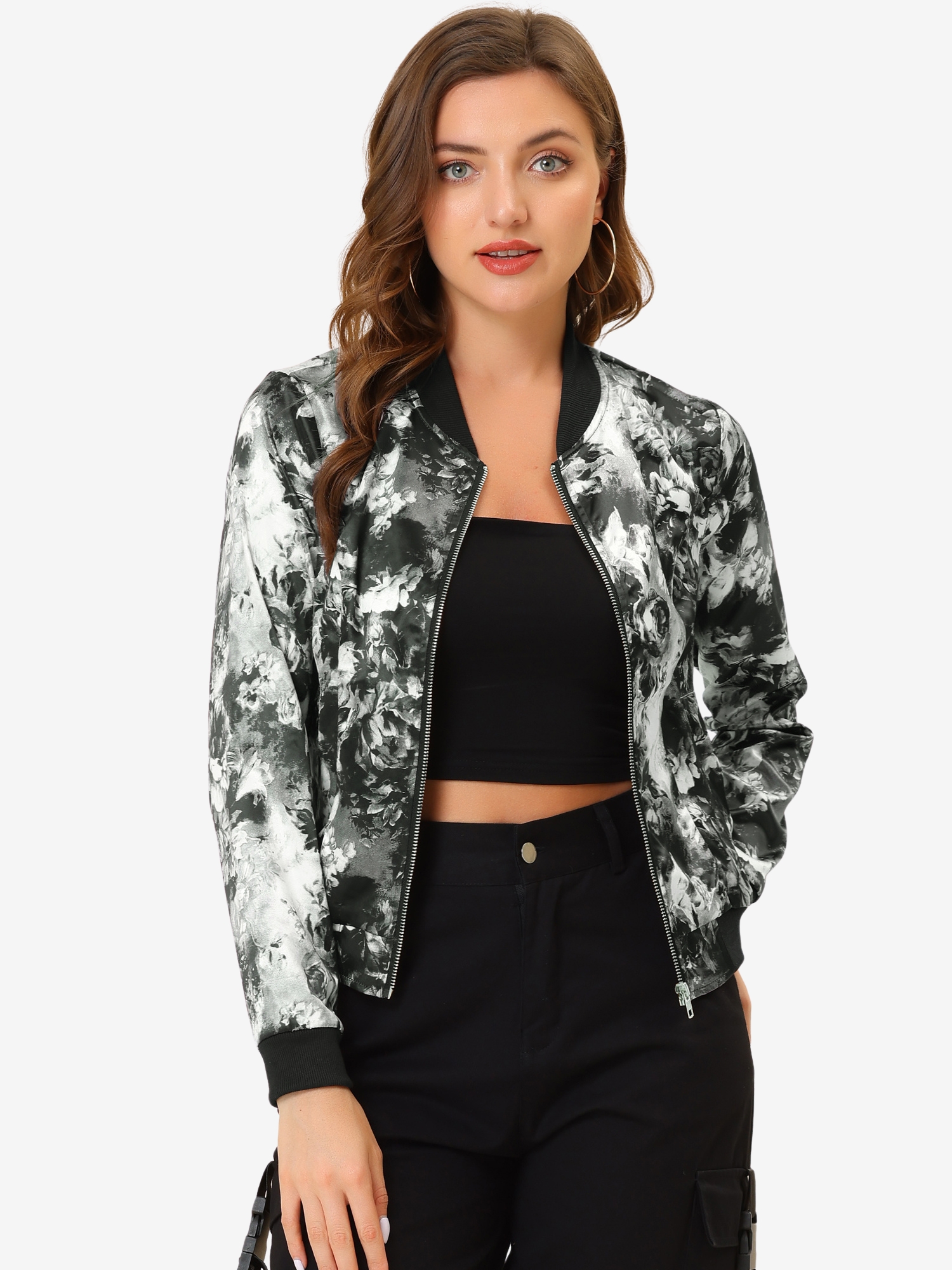 Stand Collar Zip Up Floral Print Bomber Jacket Gray/S