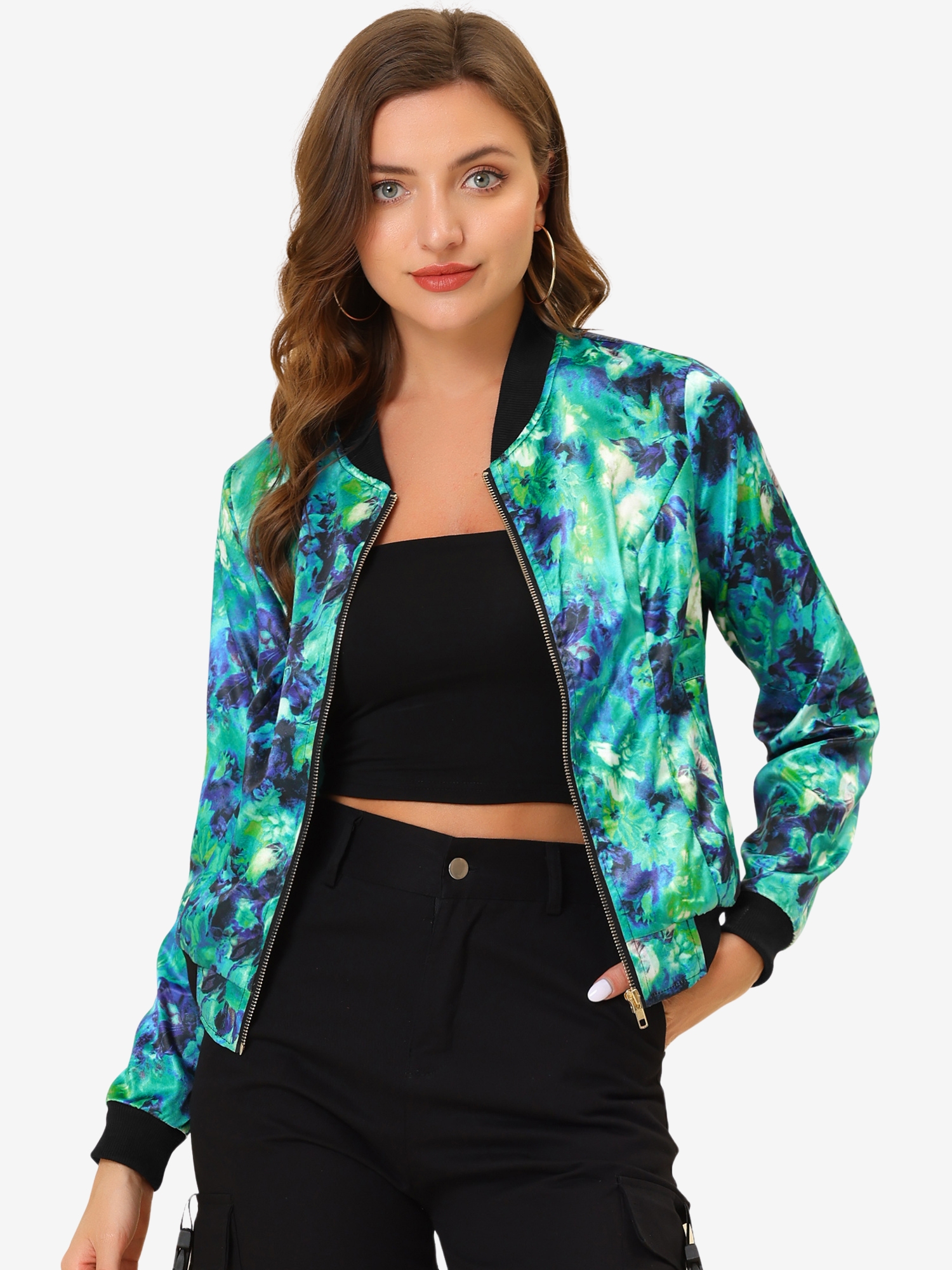 Stand Collar Zip Up Floral Print Bomber Jacket Green/XS