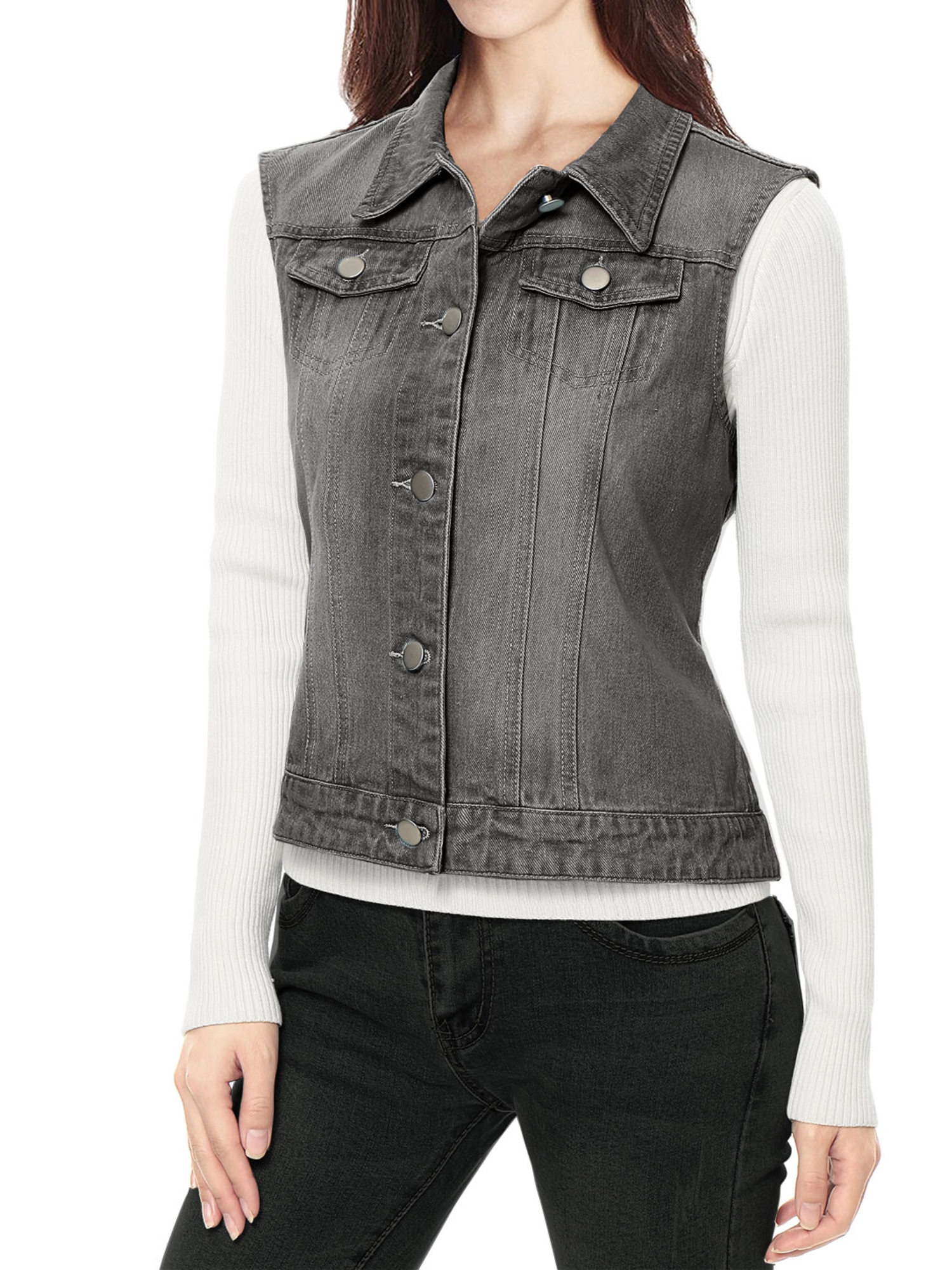 Flap Pocket Washed Buttoned Denim Jacket Vest Dark Gray/S