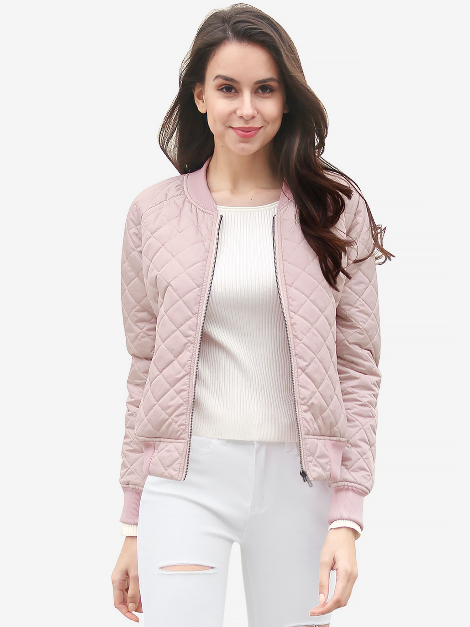Casual Zip Up Raglan Long Sleeve Quilted Bomber Jacket Pink/L