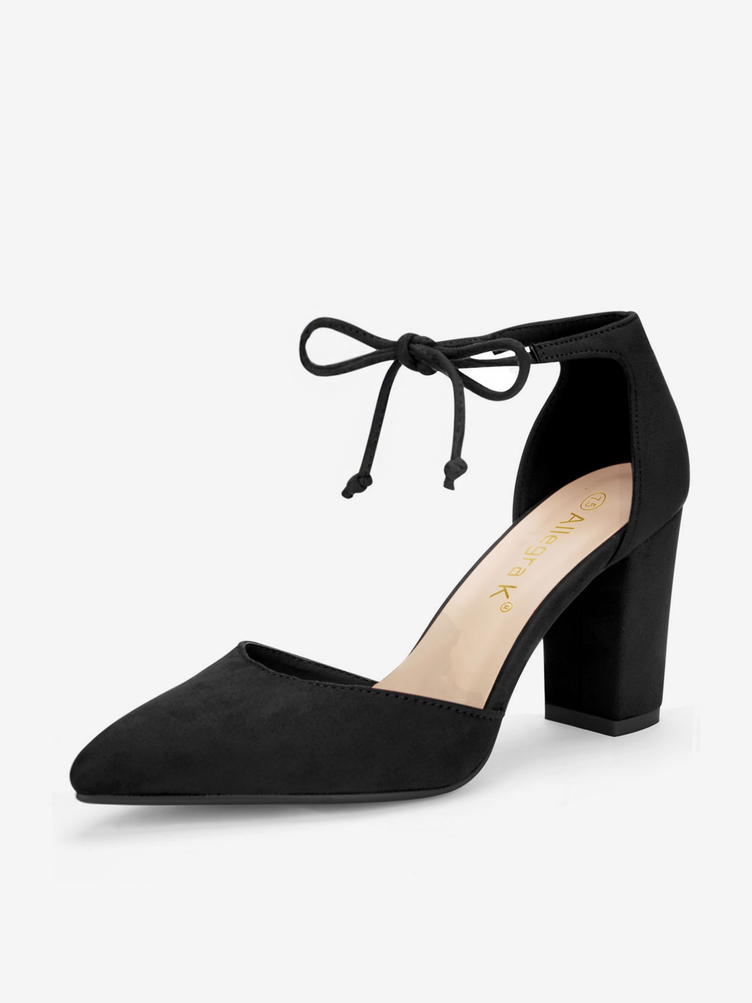 Tapered Straps Ankle Tie Point Toe Chunky Heel Pumps Black/6