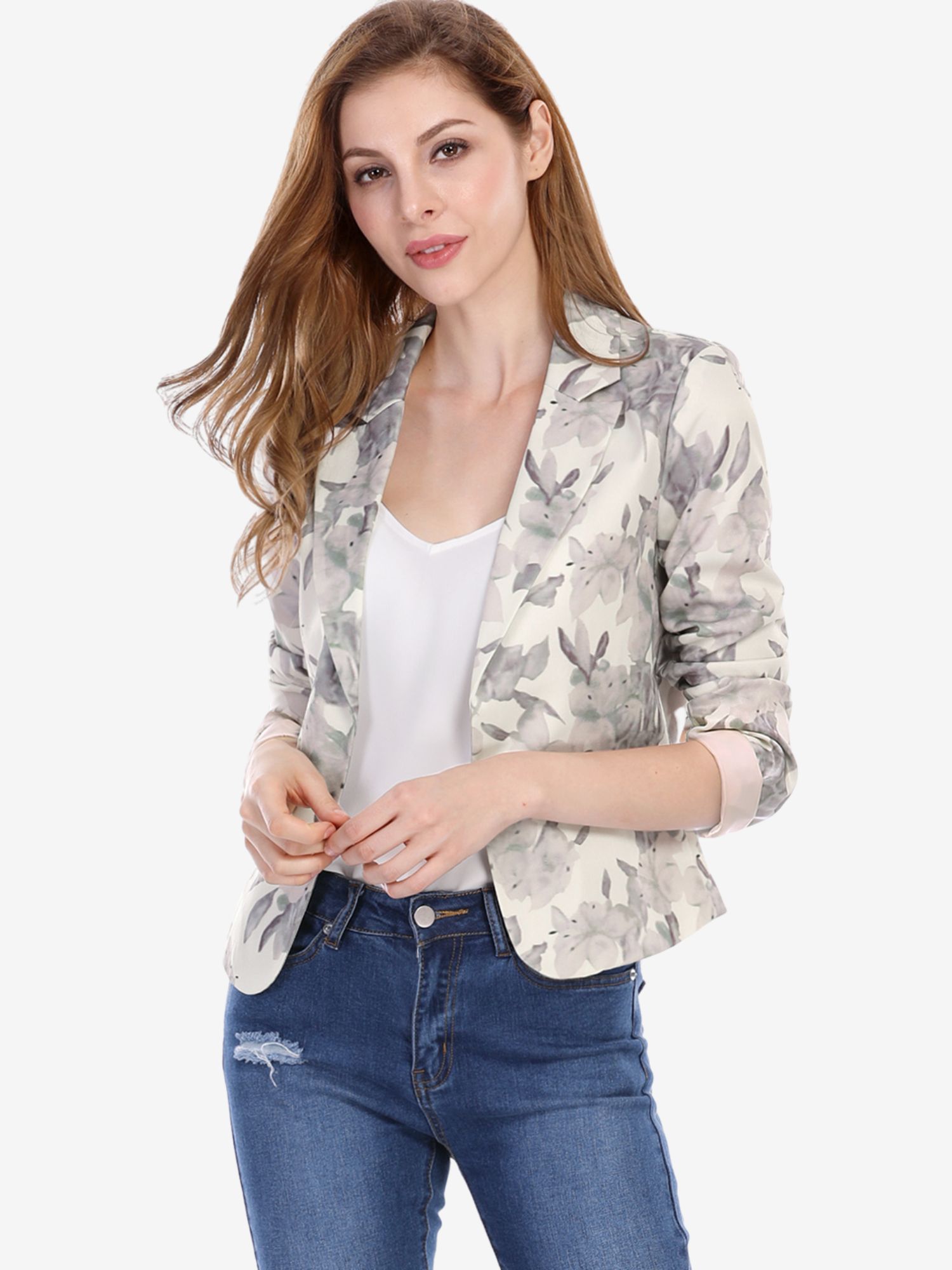 Open Front Floral Work Business Crop Blazer Jacket Beige-Floral/S