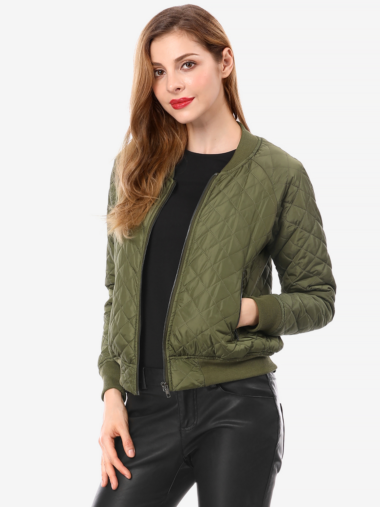 Casual Zip Up Raglan Long Sleeve Quilted Bomber Jacket Green/L
