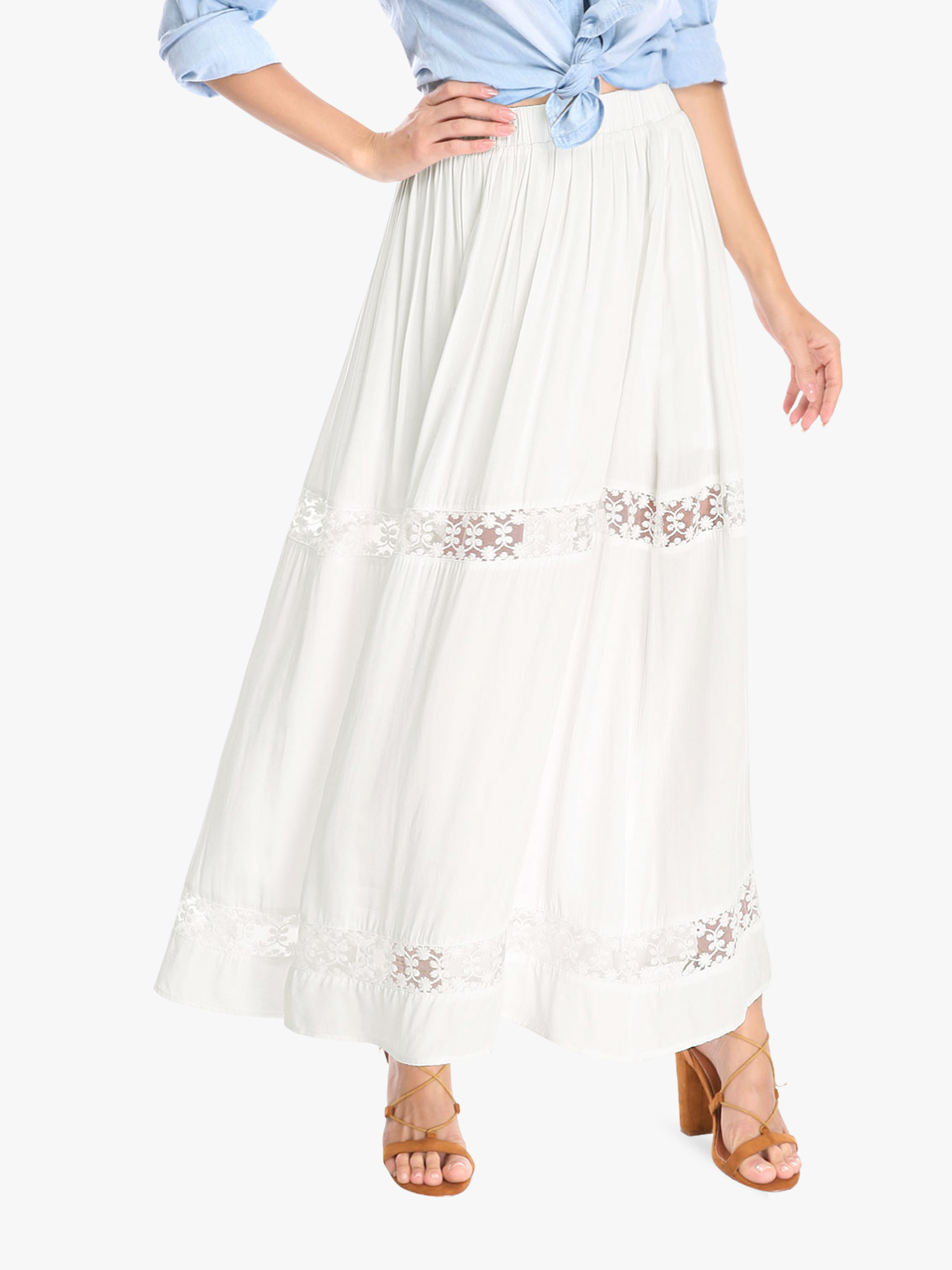 Long Elastic Waist Swing A-Line Lace Insert Maxi Skirt Cream White/XL