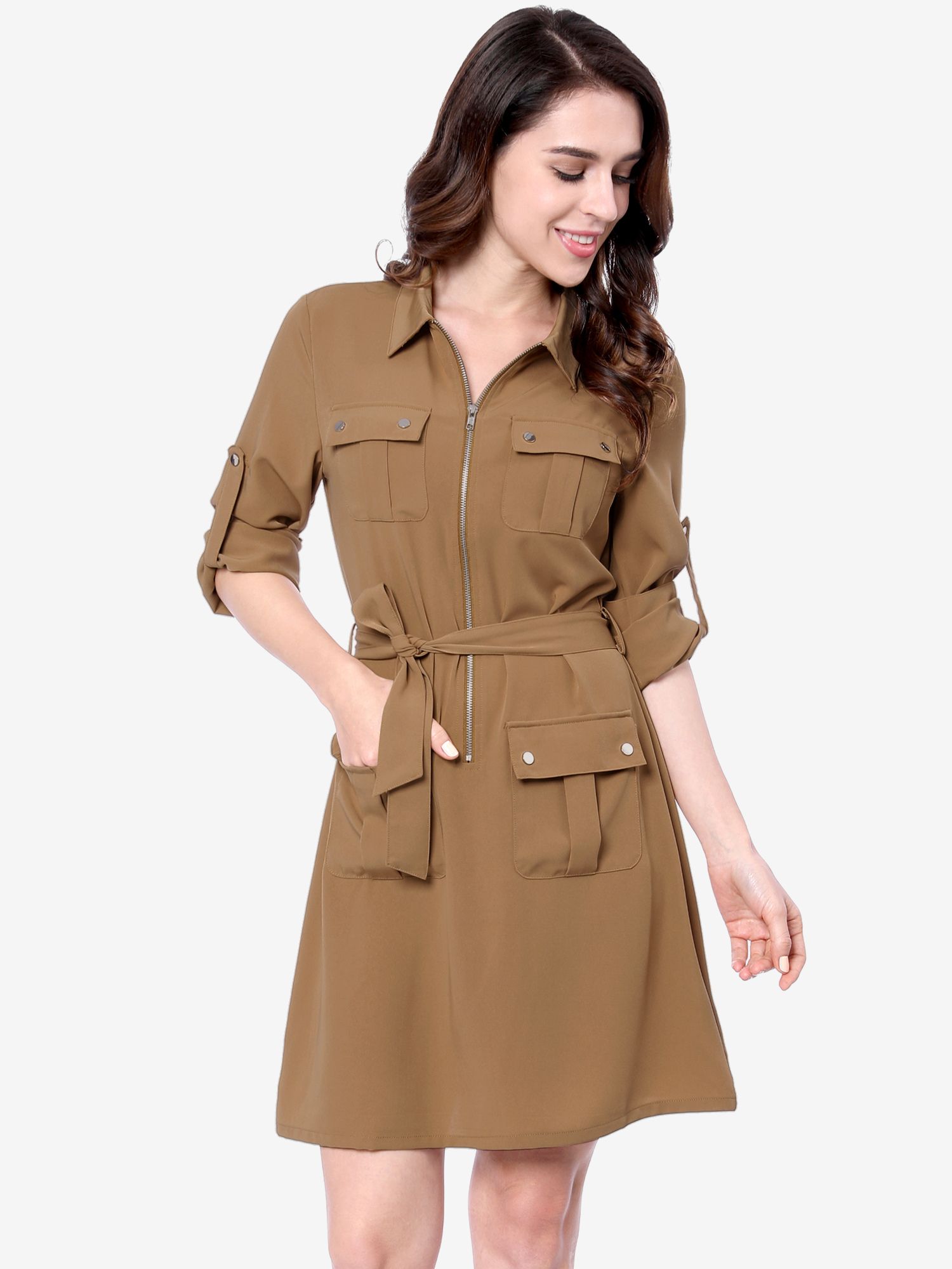 Roll Up Sleeve Multi-Pocket Safari Belted Collared Shirt Dress Khaki/XS
