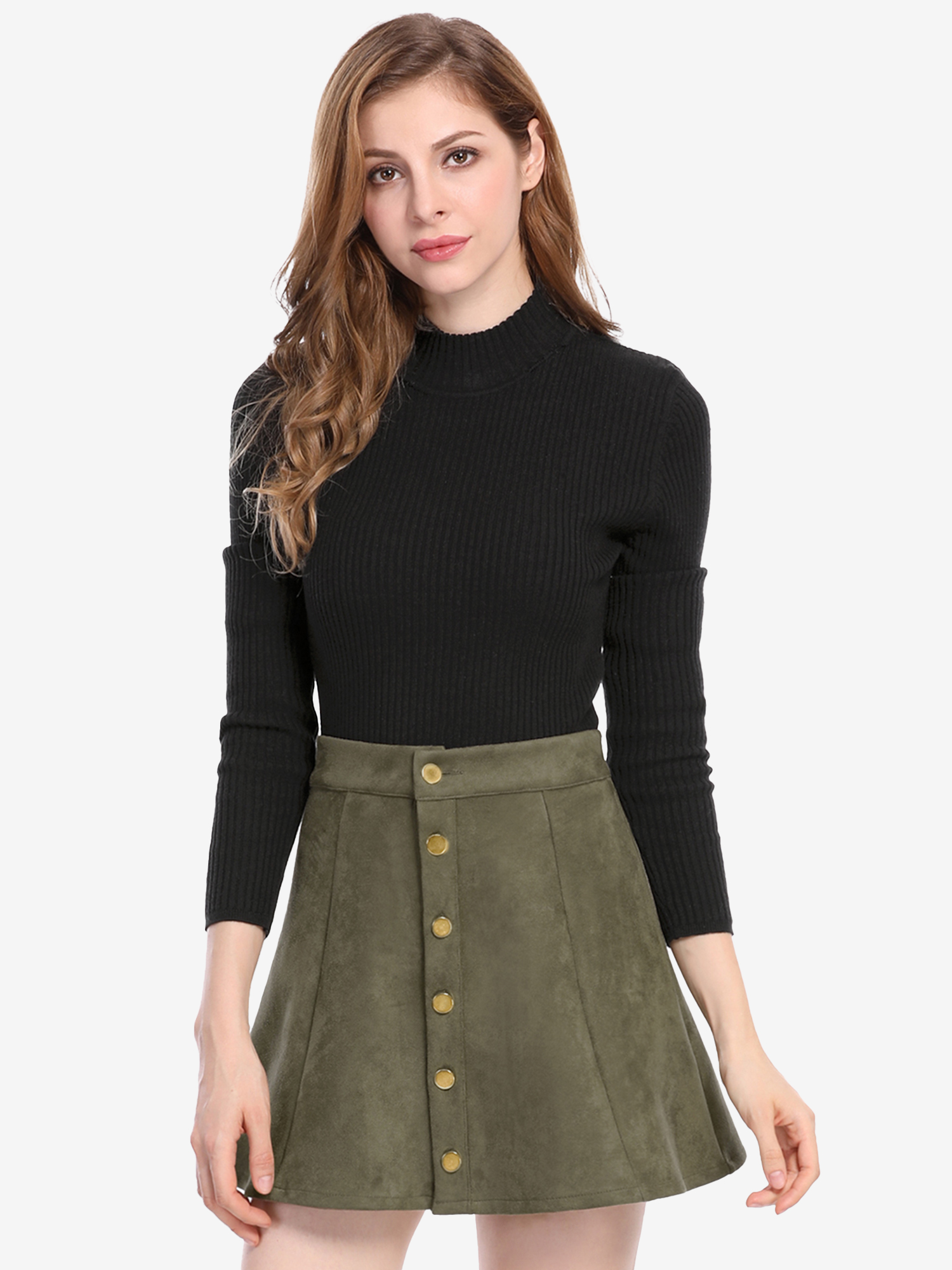 Faux Suede Button Closure A-Line High Waisted Short Skirt Green/M