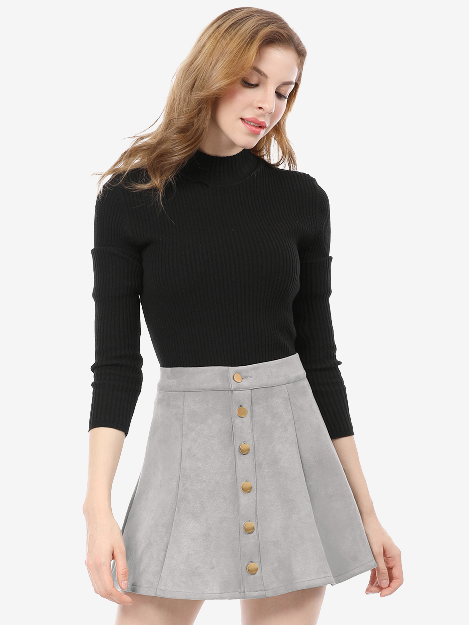 Faux Suede Button Closure A-Line High Waisted Short Skirt Gray/L