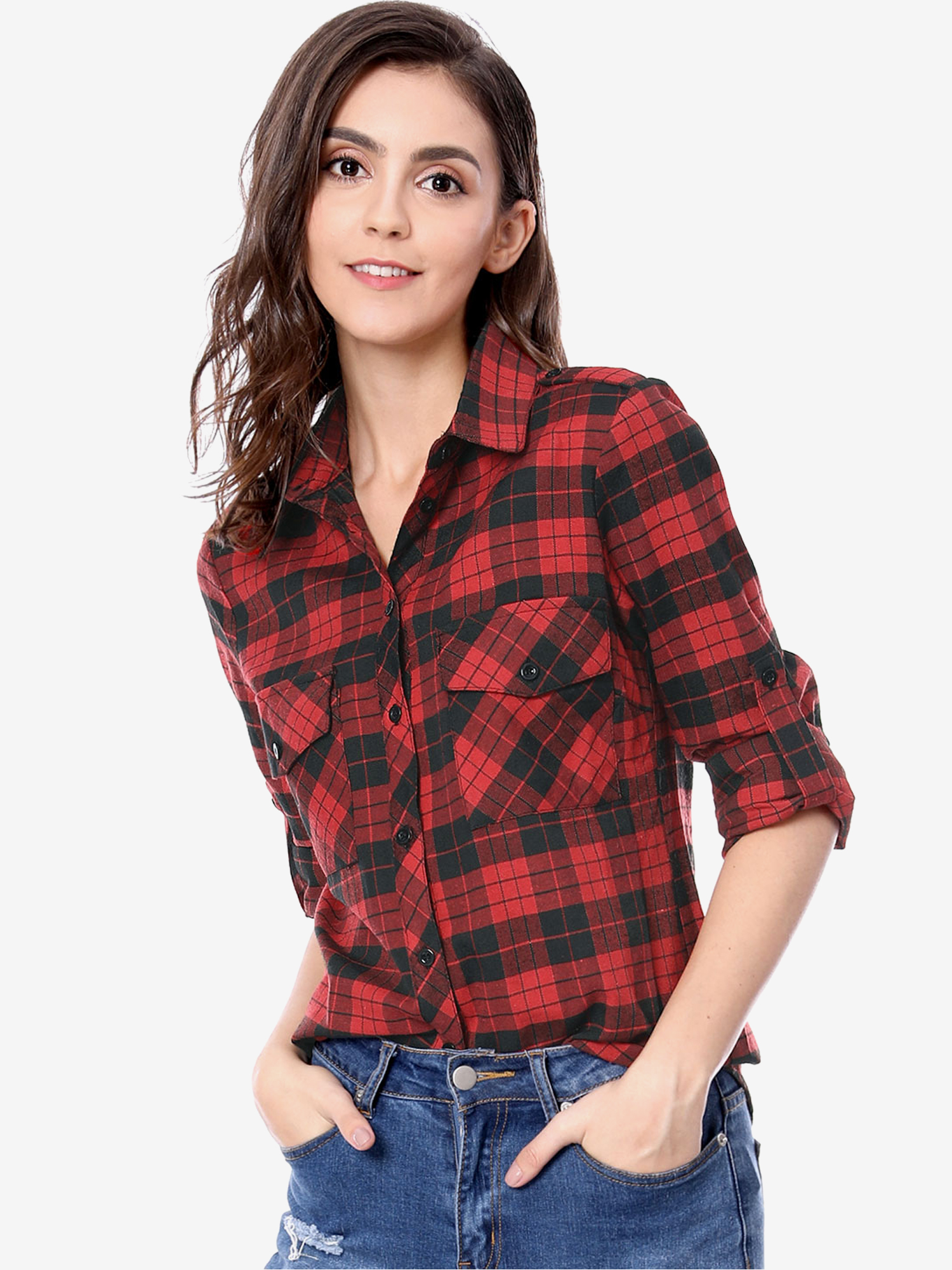 Roll Up Long Sleeve Christmas Button Down Plaid Flannel Shirt Top Black Red/XL