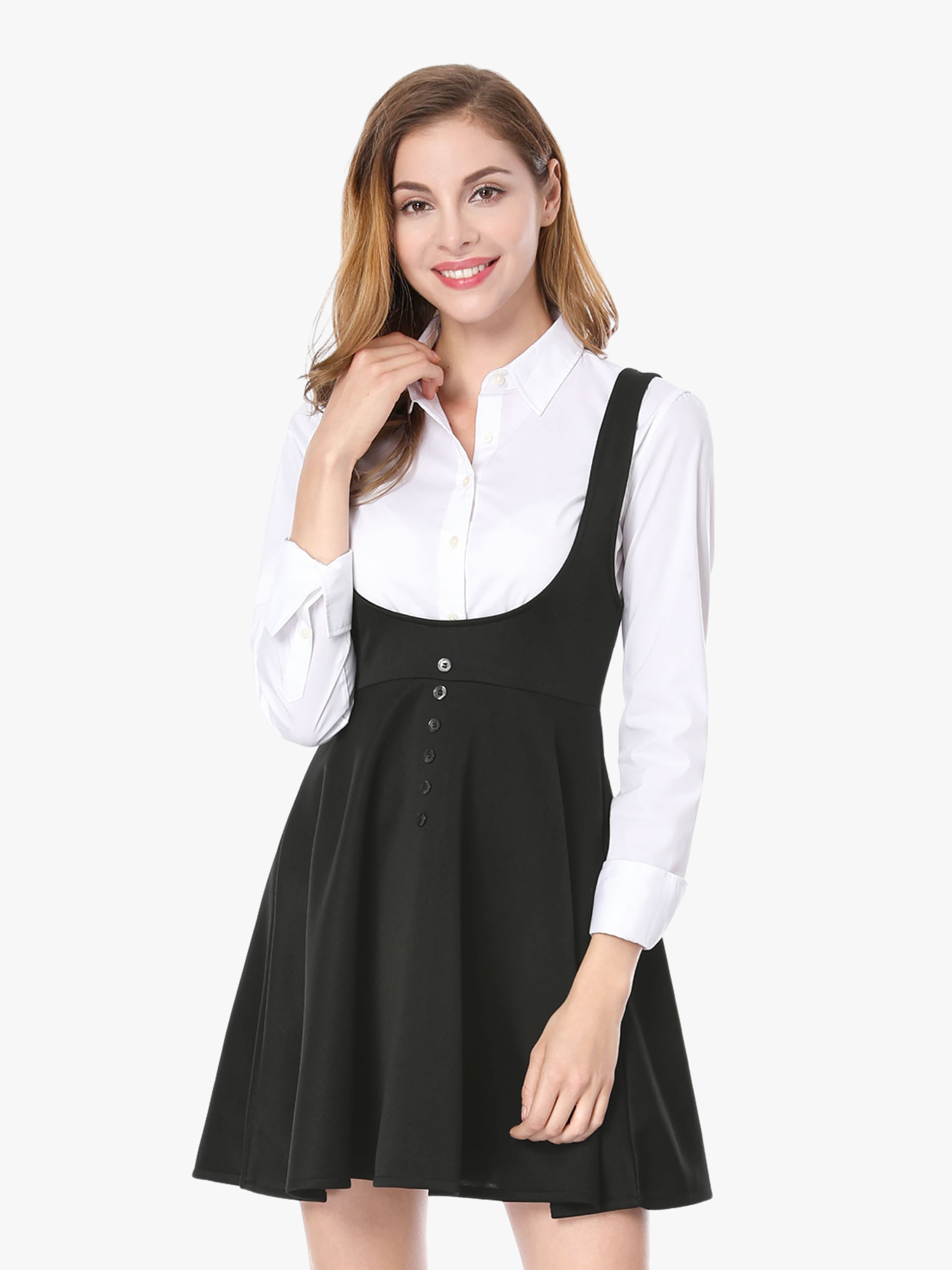 Button Decor Overalls Pinafore Dress Suspenders Skirt Black/S