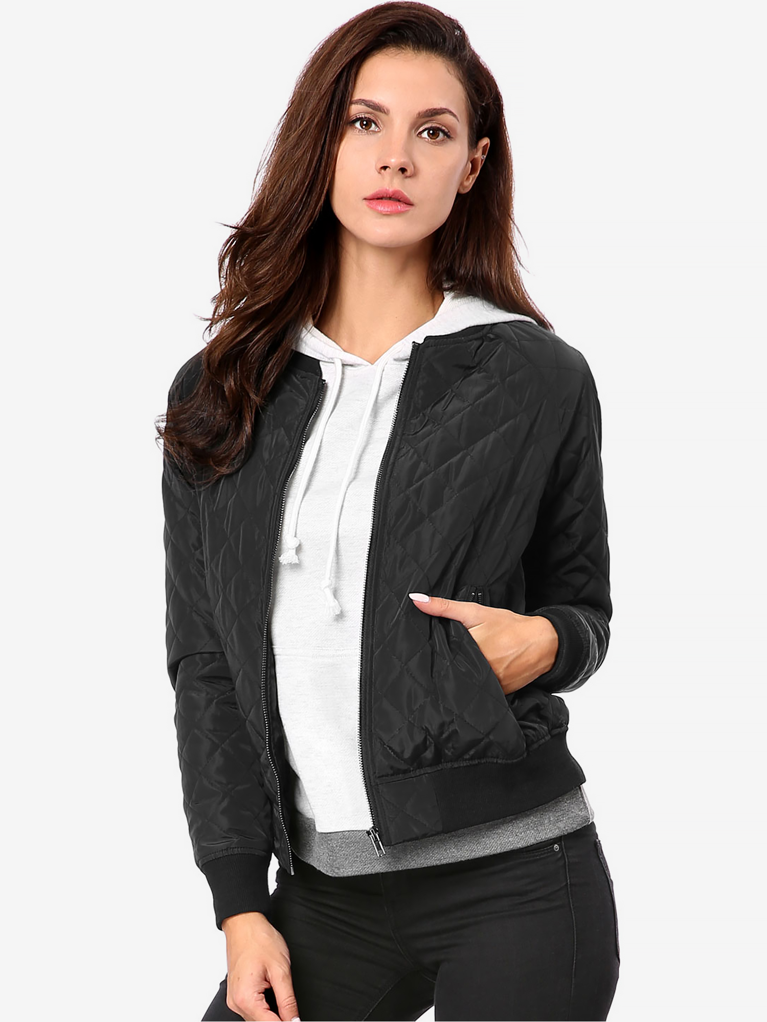 Casual Zip Up Raglan Long Sleeve Quilted Bomber Jacket Black/XL