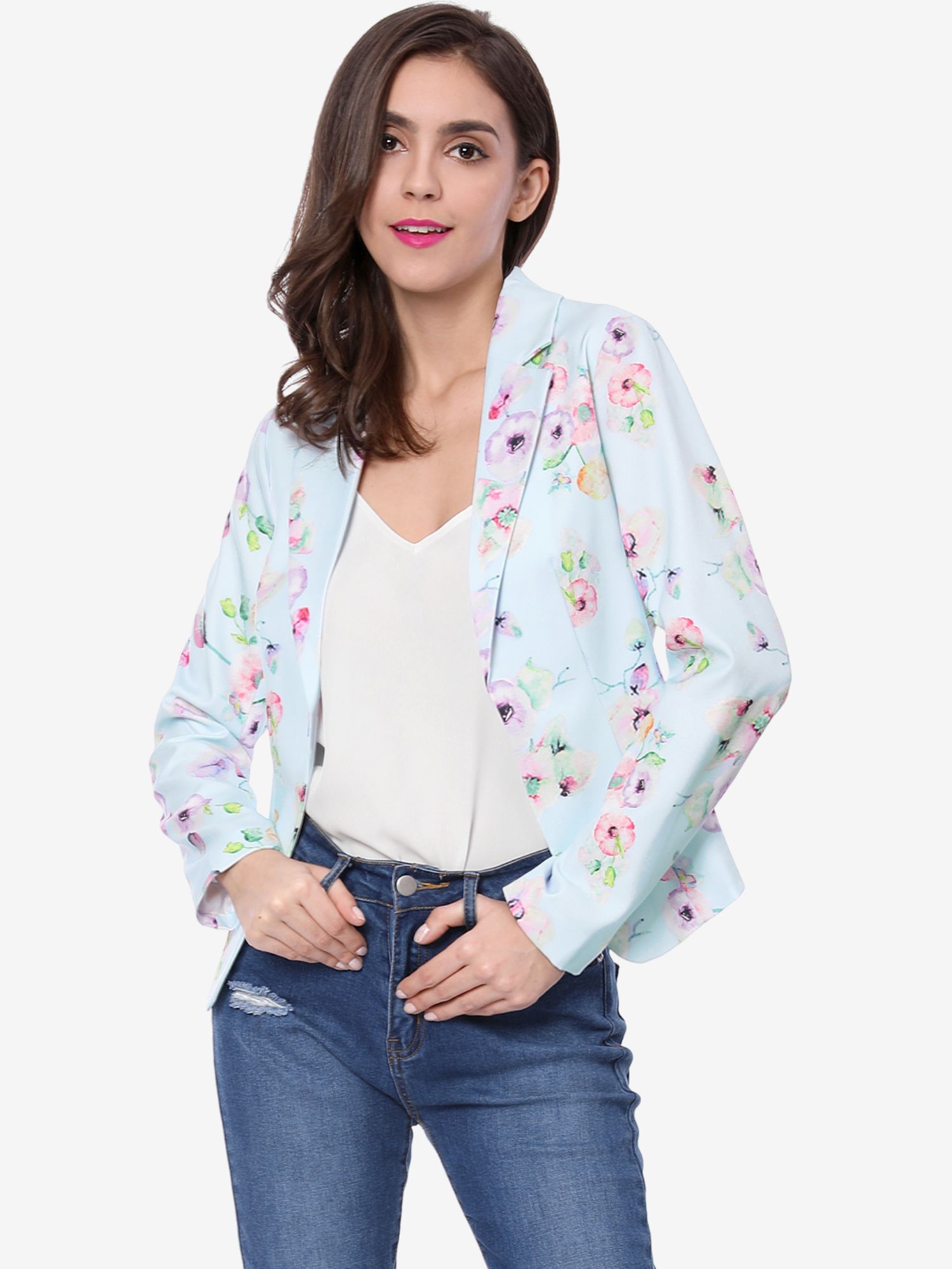 Open Front Notch Lapel Floral Business Casual Suit Blazer Blue-Floral/M