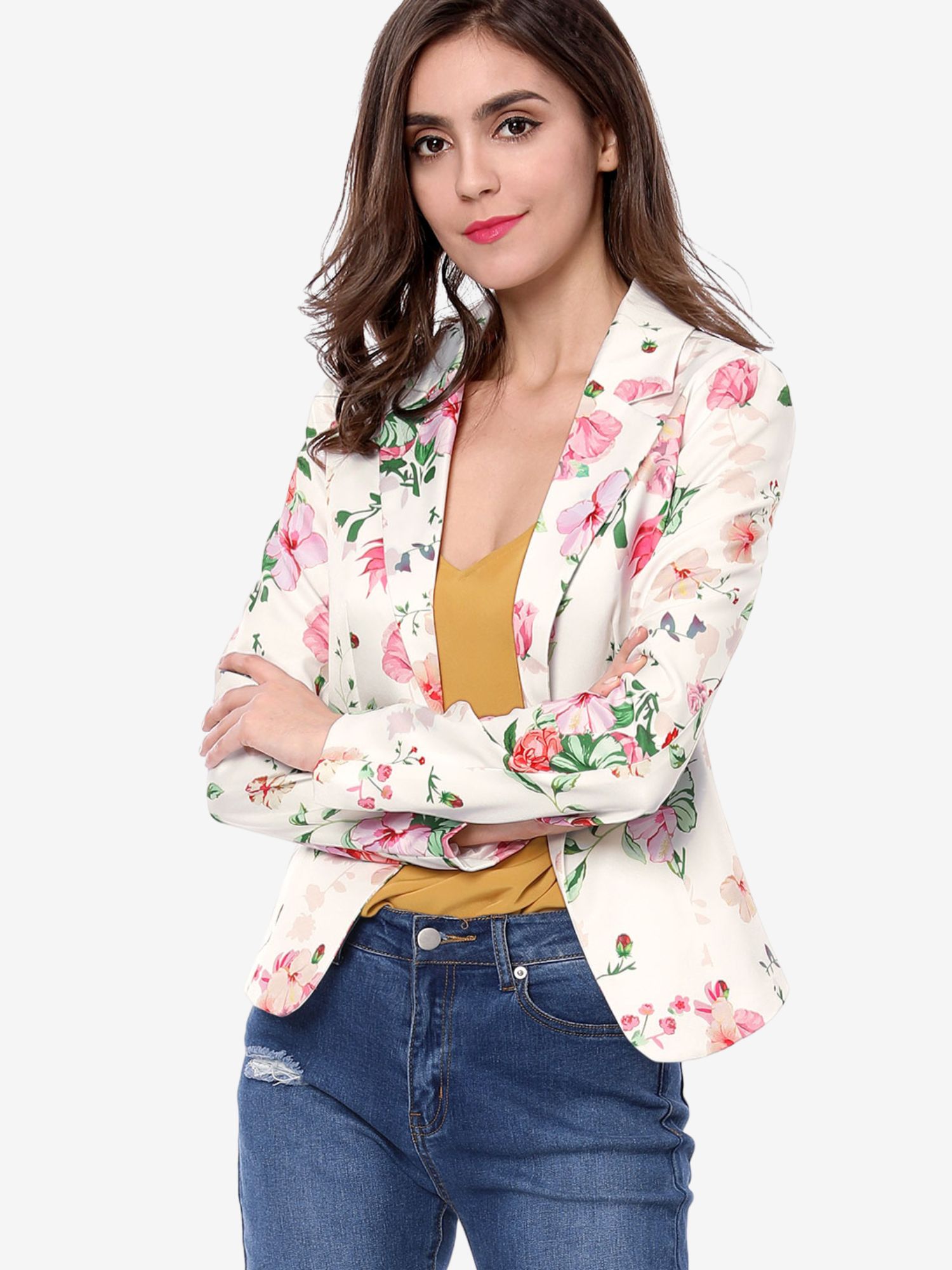 Open Front Notch Lapel Floral Business Casual Suit Blazer White-Floral/S