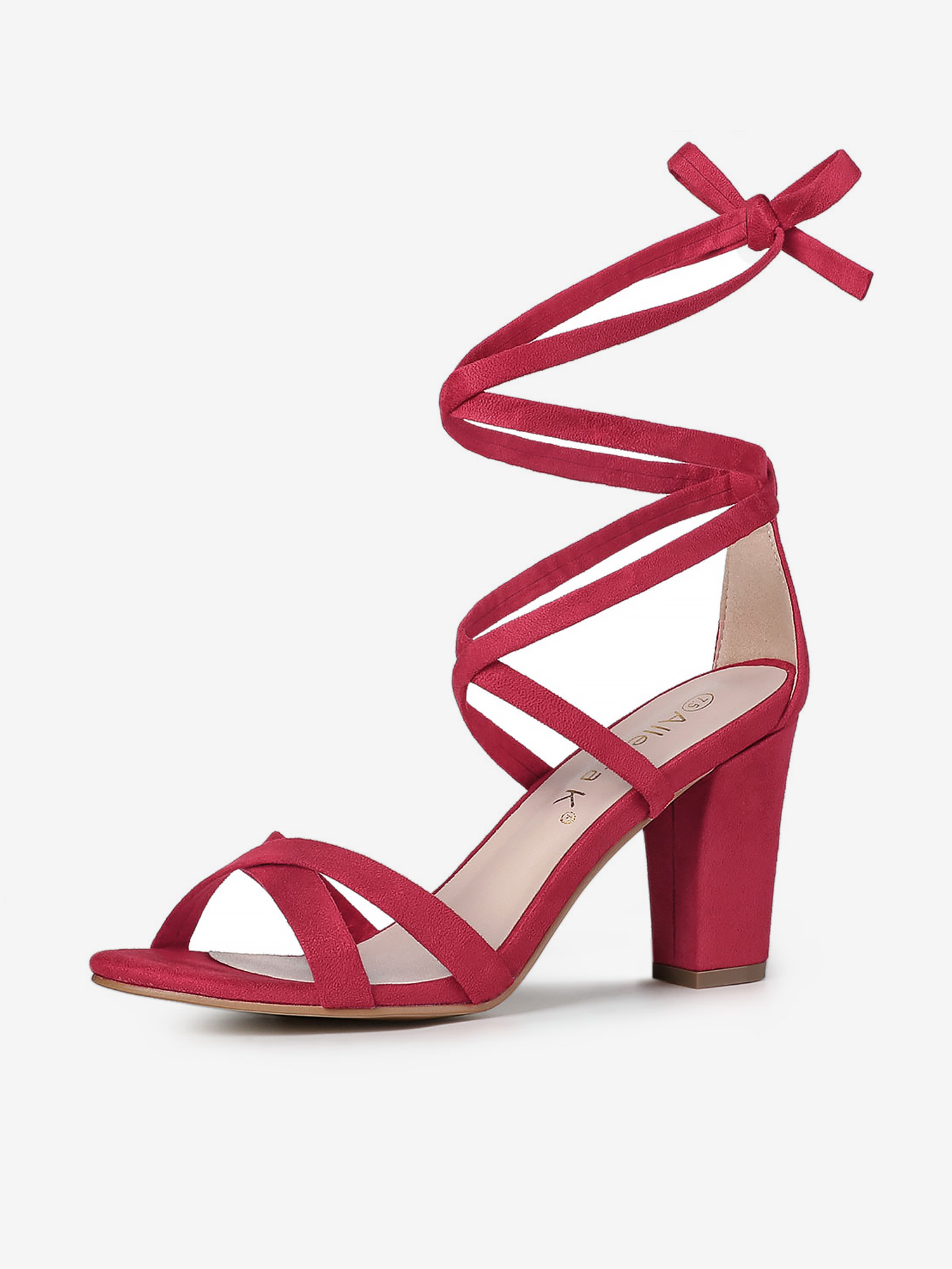 Elegant Faux Suede Ankle Lace Up High Block Heel Sandals Red/7