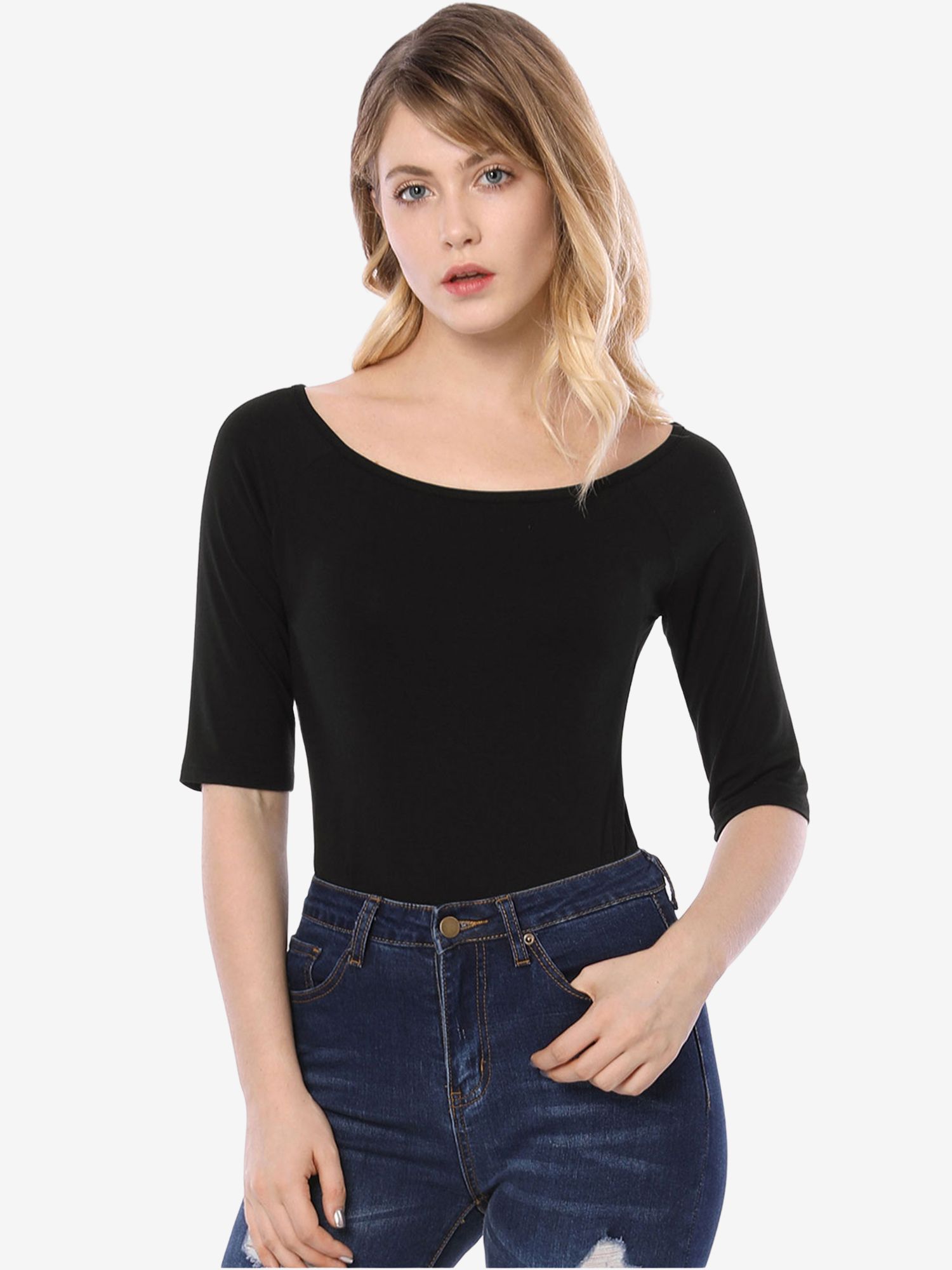 Scoop Neck Half Sleeves Fitted Layering Soft T-Shirt Black/S