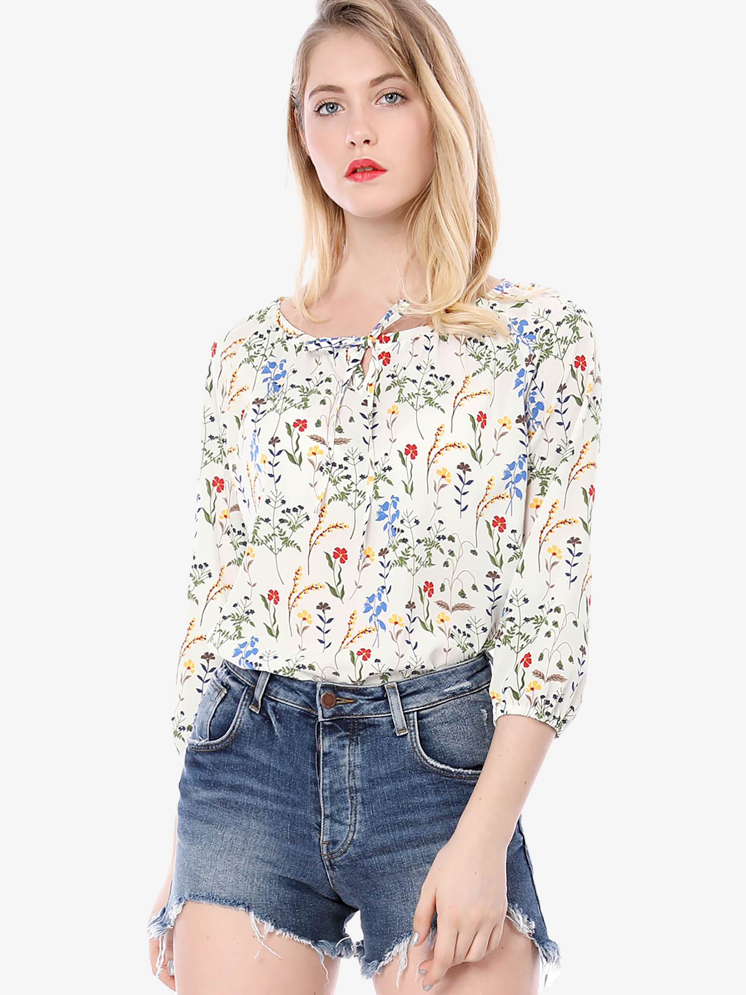 Bow Tie Neck 3/4 Raglan Sleeve Floral Blouse Tops White/M