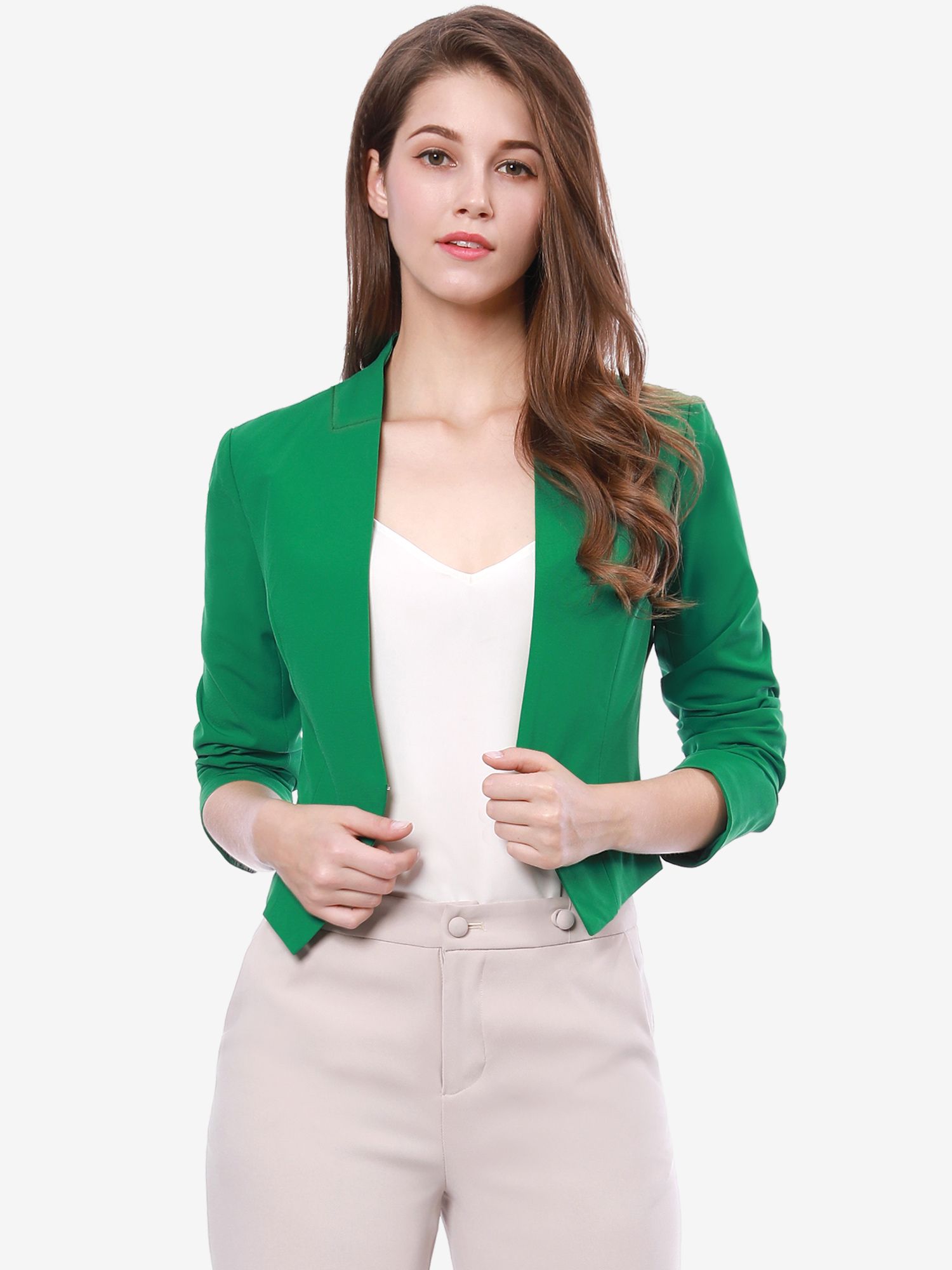 Solid Color Collarless Cropped Office Blazer Jacket Green/S