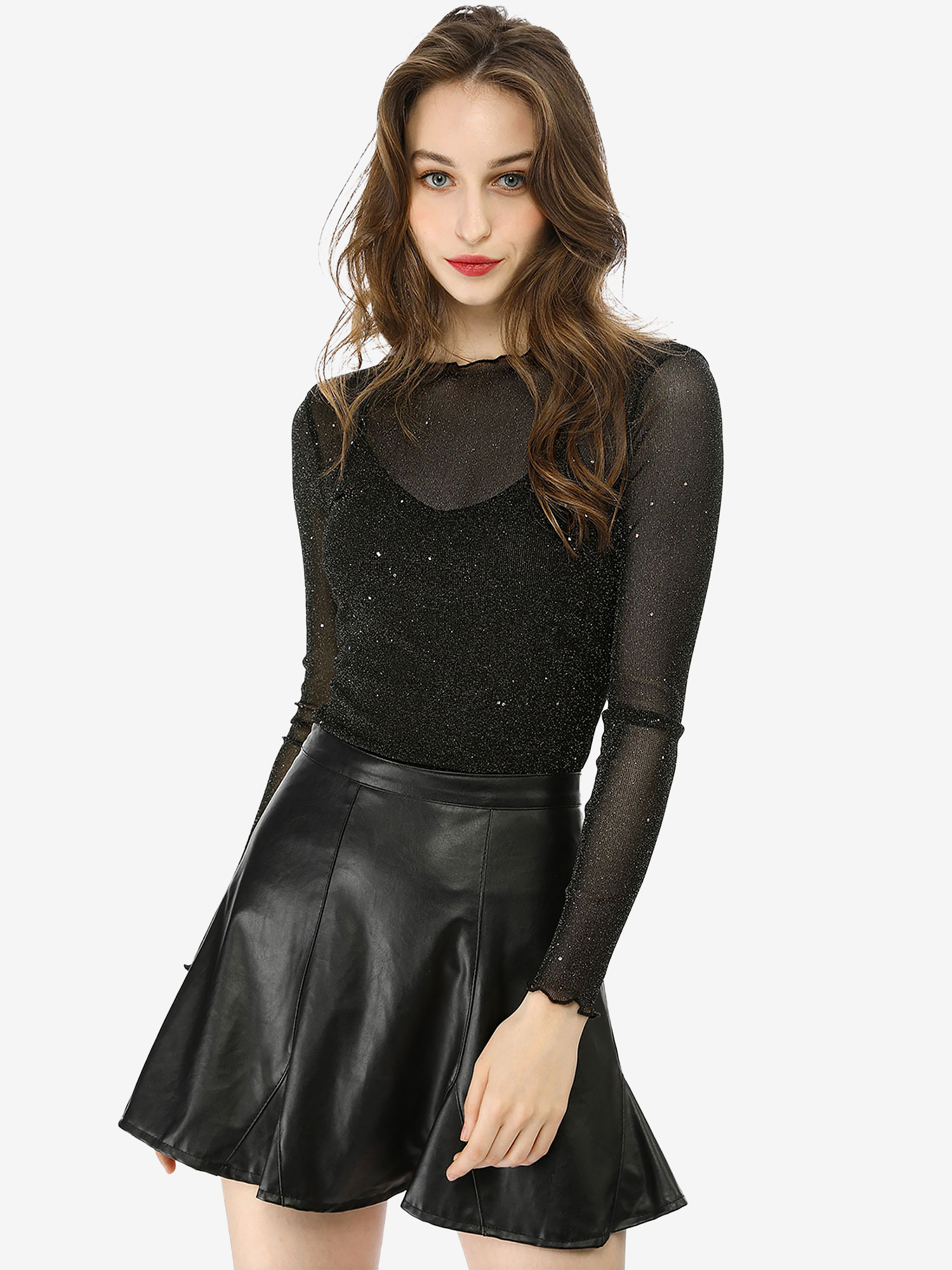 Long Sleeve Mesh Tops Spaghetti Strap Camisole Party Shirt Black/S