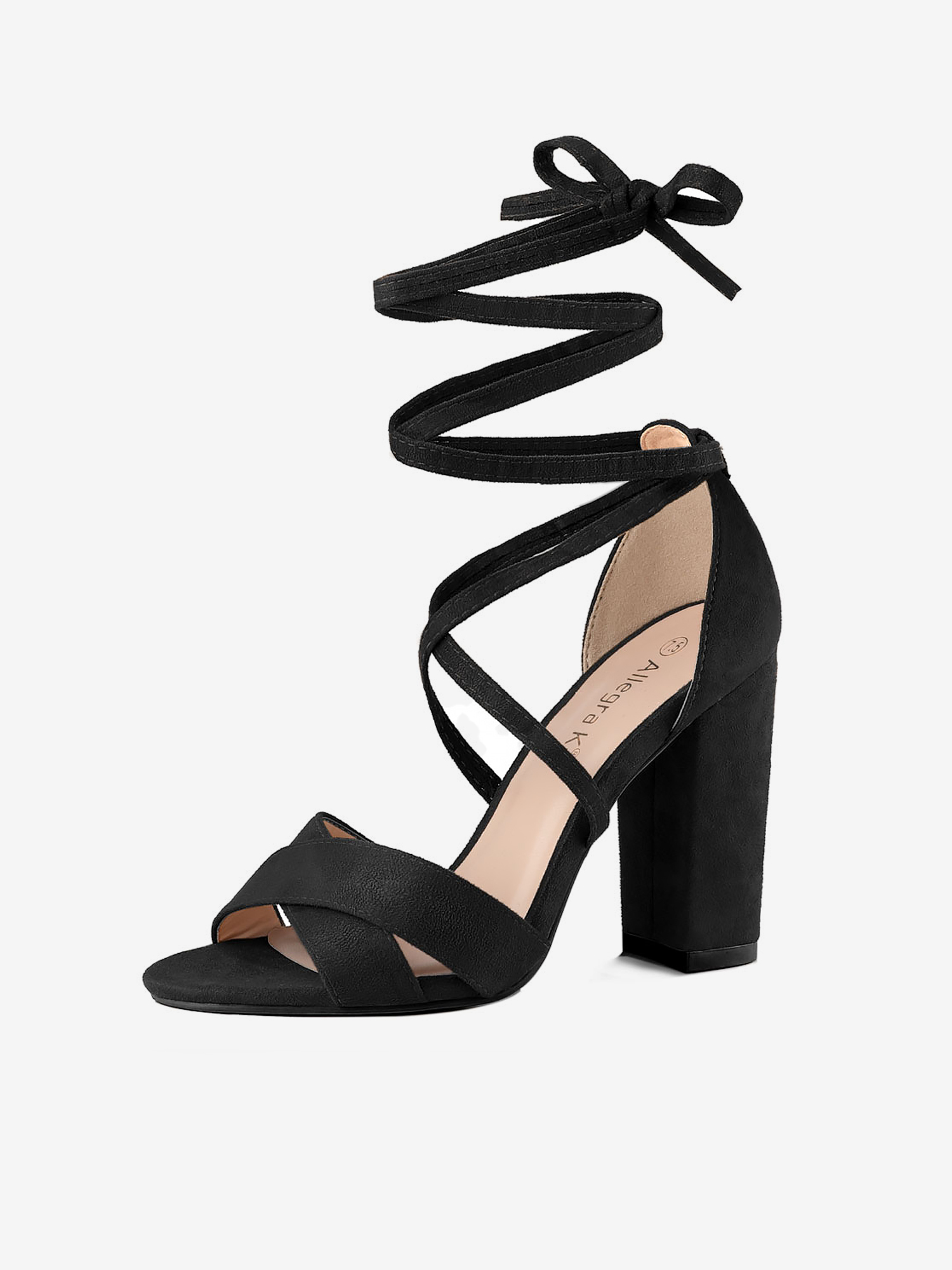 Faux Suede Crisscross Front Block Heel Lace Up Sandals Black/6.5
