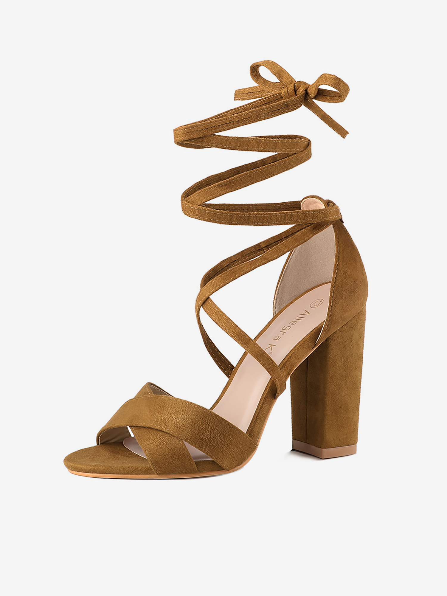 Faux Suede Crisscross Front Block Heel Lace Up Sandals Brown/8