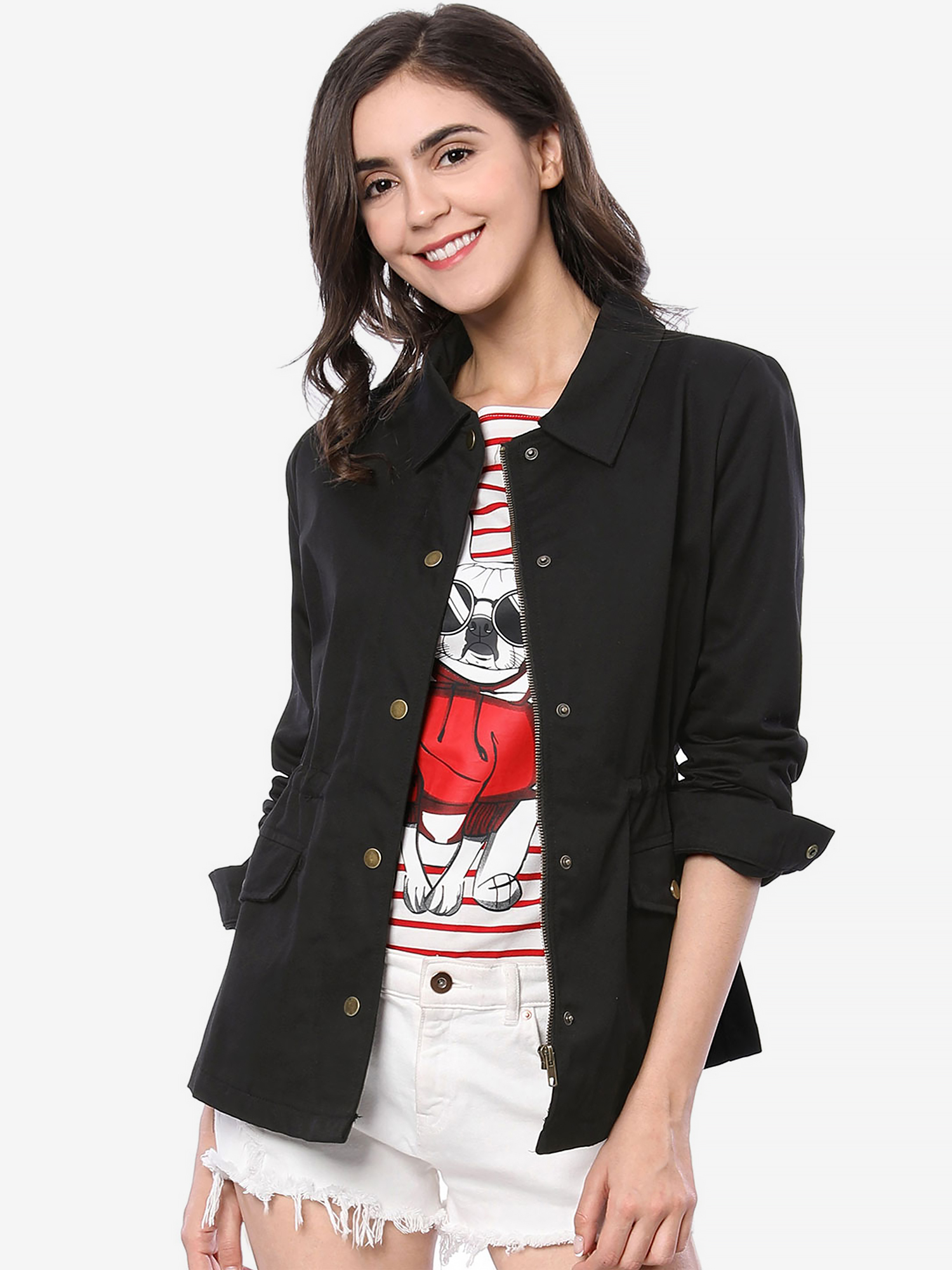 Drawstring Waist Flap Pocket Lightweight Utility Safari Jacket Black/XL