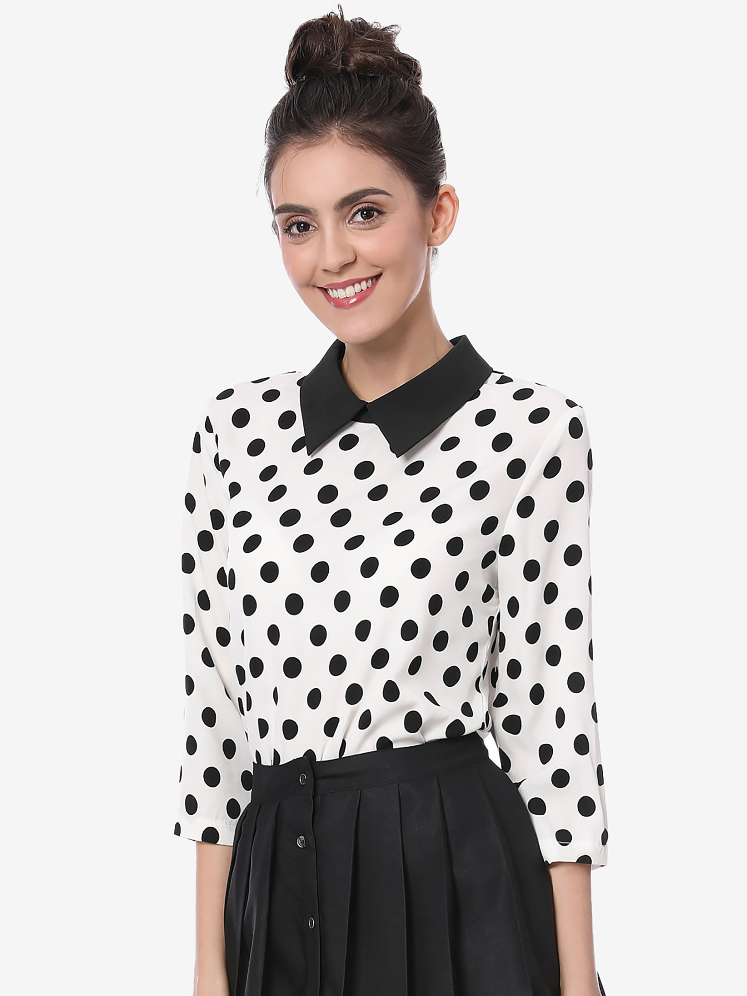 Polka Dots Contrast Peter Pan Collar Top 3/4 Sleeve Blouse Shirt White/XS