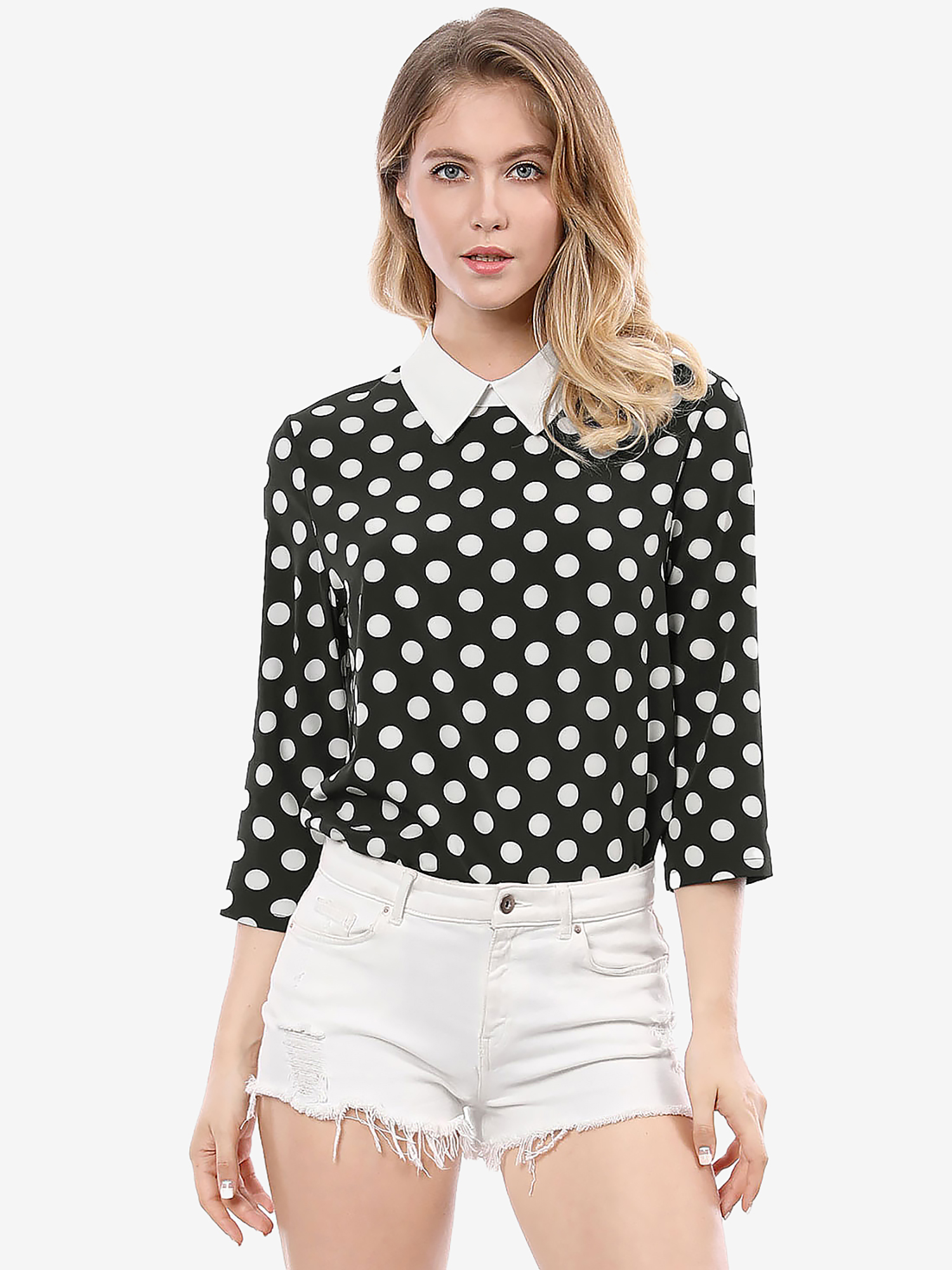 Polka Dots Contrast Peter Pan Collar Top 3/4 Sleeve Blouse Shirt Black/L