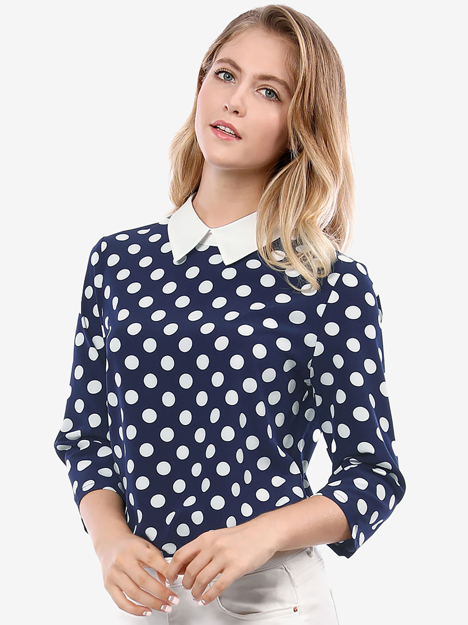 Polka Dots Contrast Peter Pan Collar Top 3/4 Sleeve Blouse Shirt Blue/XS