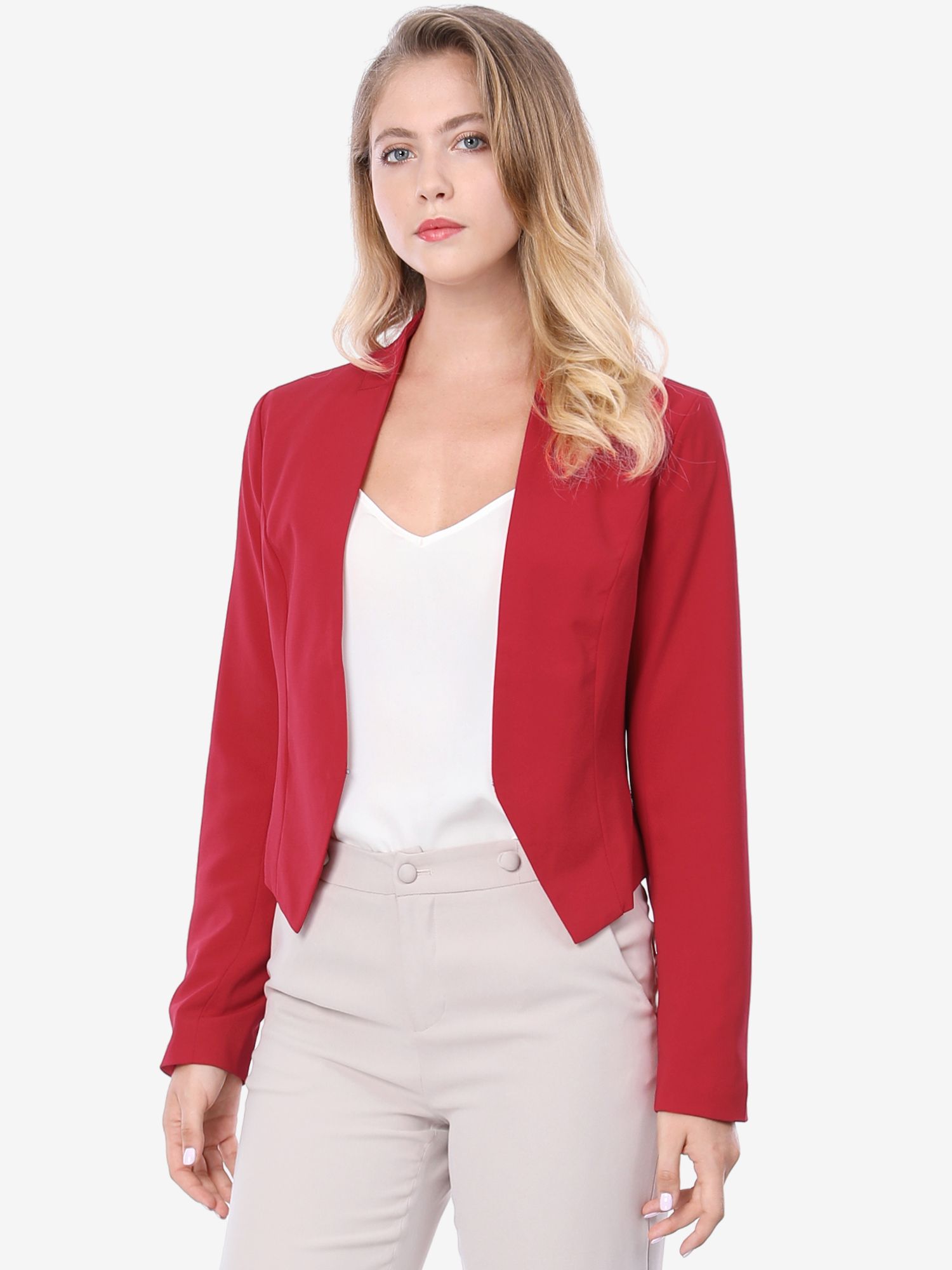 Solid Color Collarless Cropped Office Blazer Jacket Red/XS