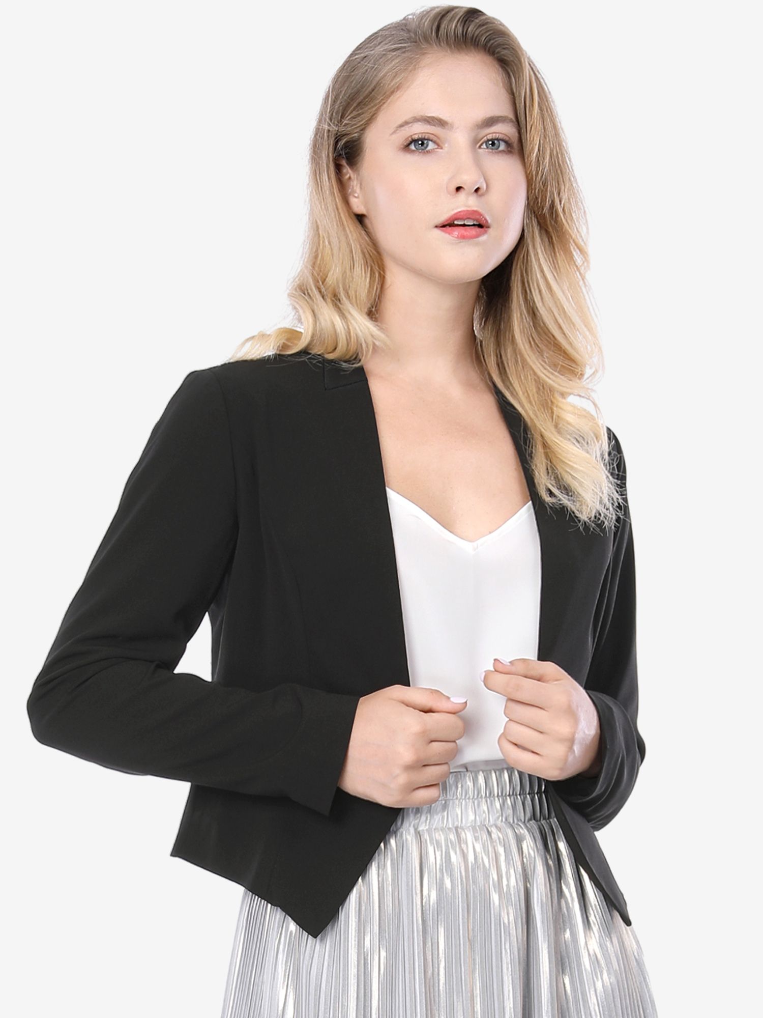 Solid Color Collarless Cropped Office Blazer Jacket Black/XL
