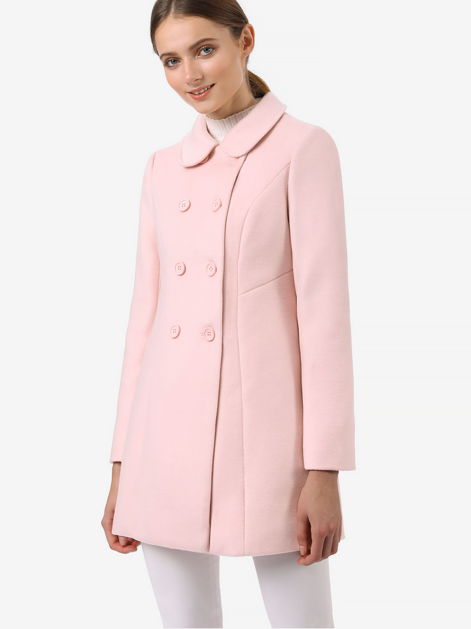 Peter Pan Collar Double Breasted Long Trench Pea Coat Pink/L