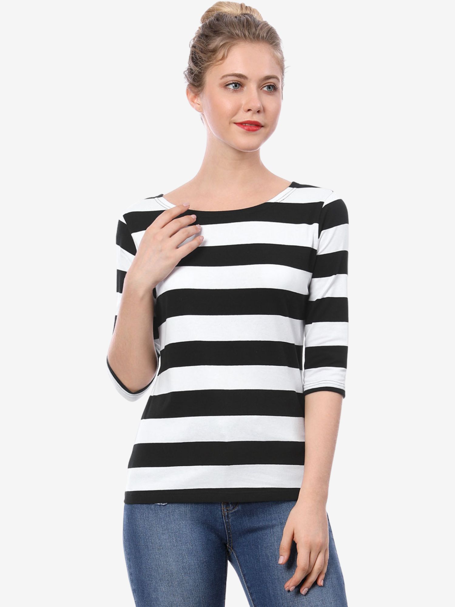 Striped 3/4 Sleeve Casual Basic Boat Neck T-shirt Black White/L
