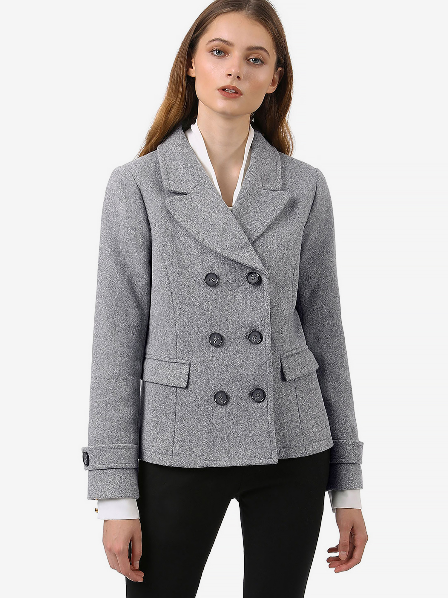 Winter Notched Lapel Double Breasted Short Pea Coat Grey/L