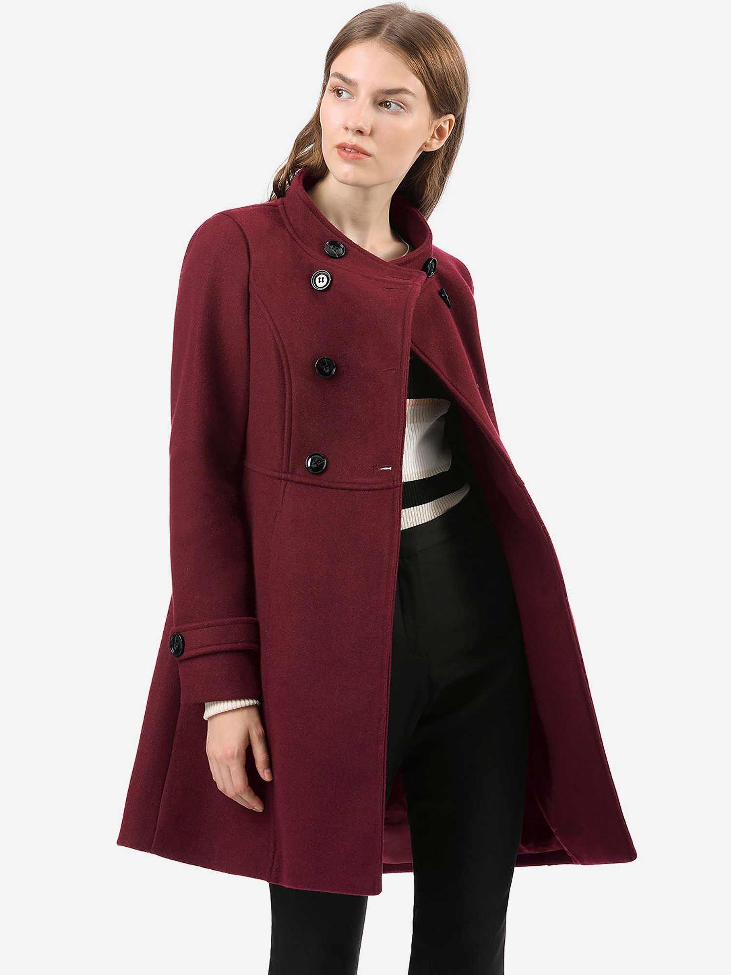 Allegra – Stand Collar Double Breasted Slant Pockets Trendy Outwear Winter Coat Burgundy/M