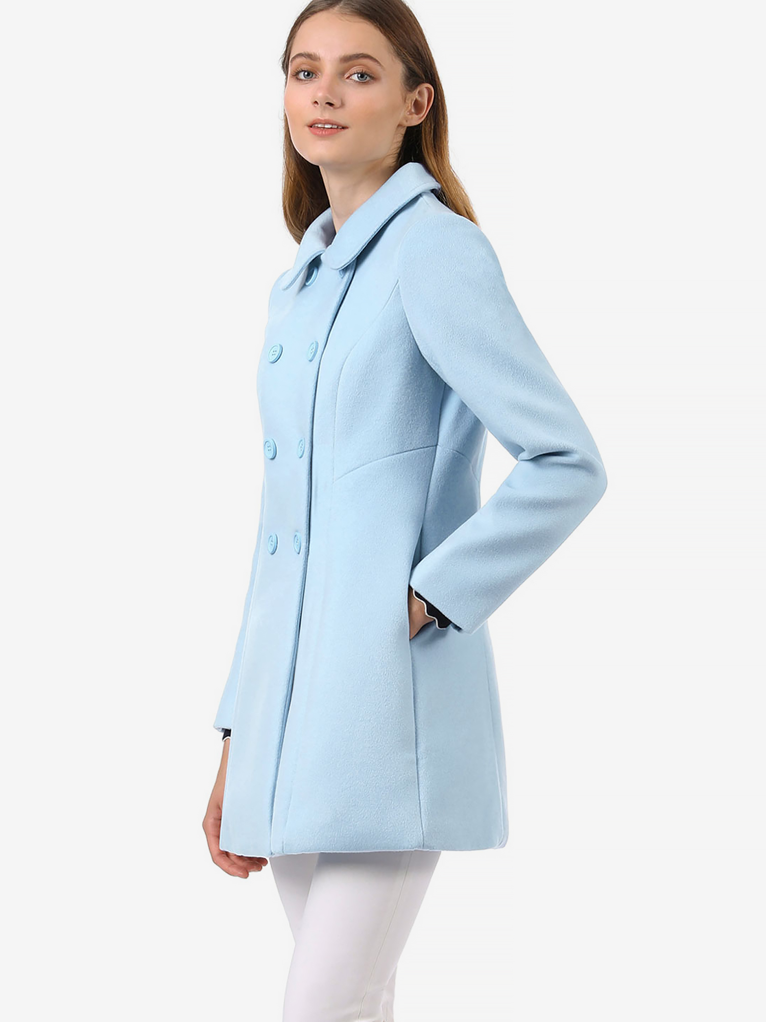 Peter Pan Collar Double Breasted Long Trench Pea Coat Blue/XS