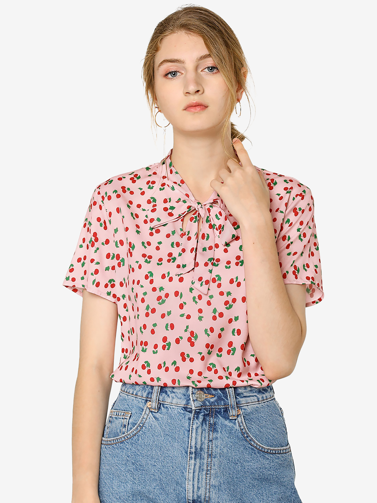 Bow Tie Neck Short Sleeve Printed Chiffon Blouse Pink-Cherry/XL