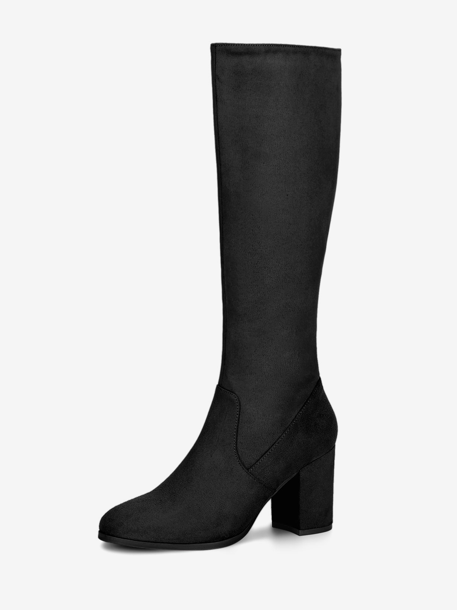 Faux Suede Side Zipper Chunky Heel Knee High Boots Black/5.5