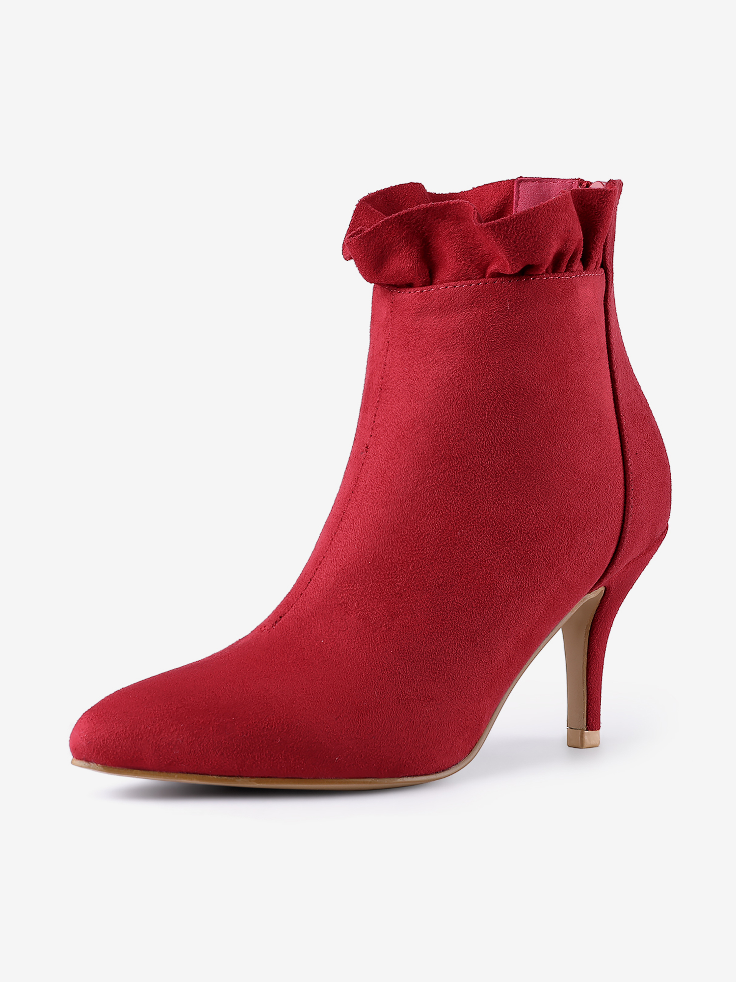 Pointed Toe Stiletto Heel Ruffle Ankle Boots Red/6