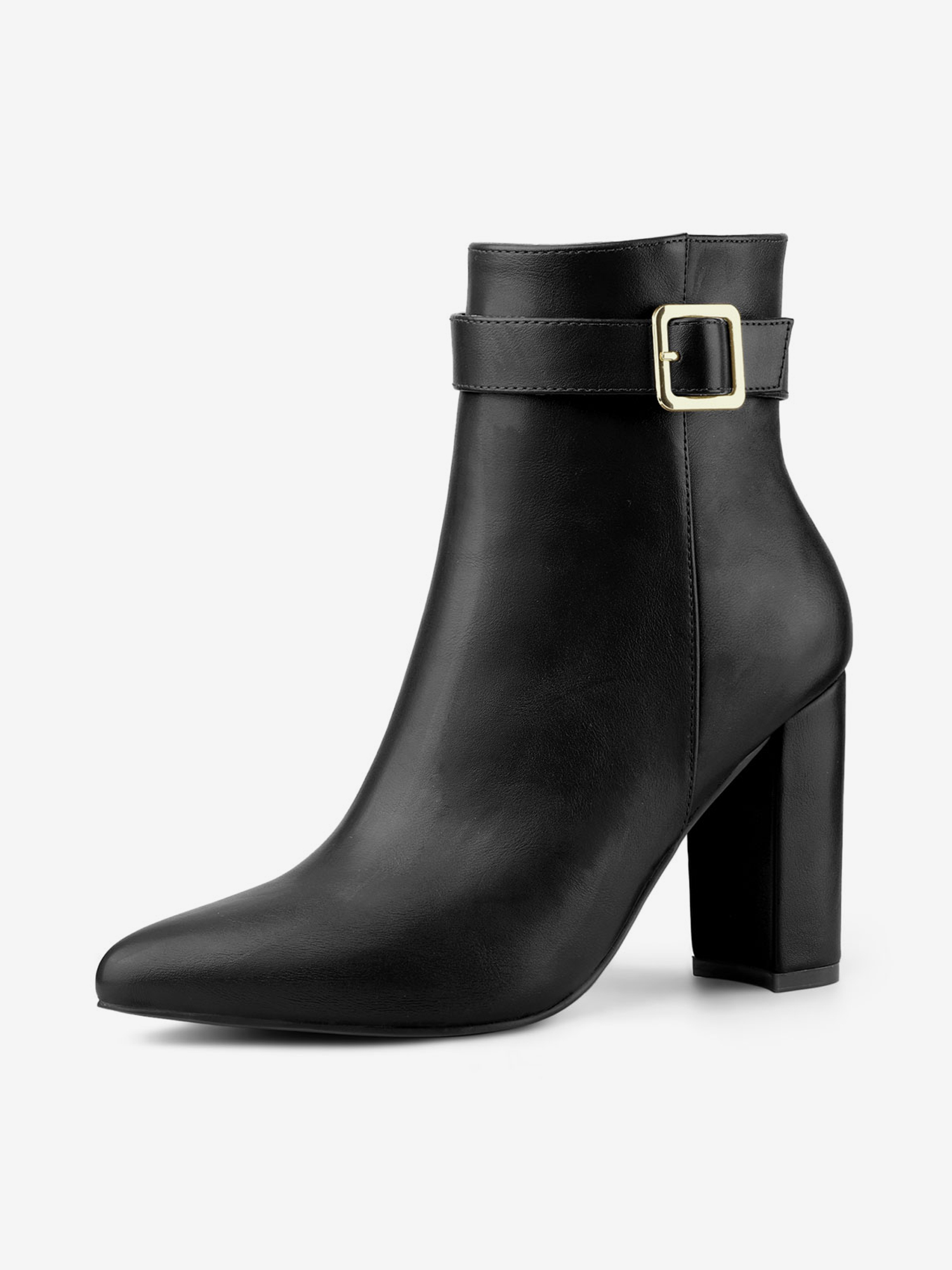 Pointed Toe Buckle Decor Heel Ankle Booties Black/6