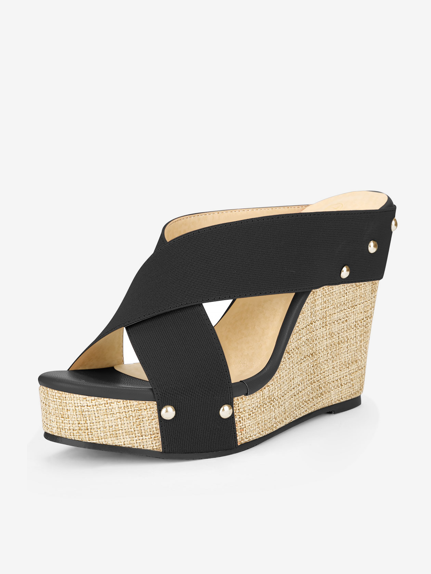 Crisscrossing Strap Platform Slide Wedge Sandals Black/7.5