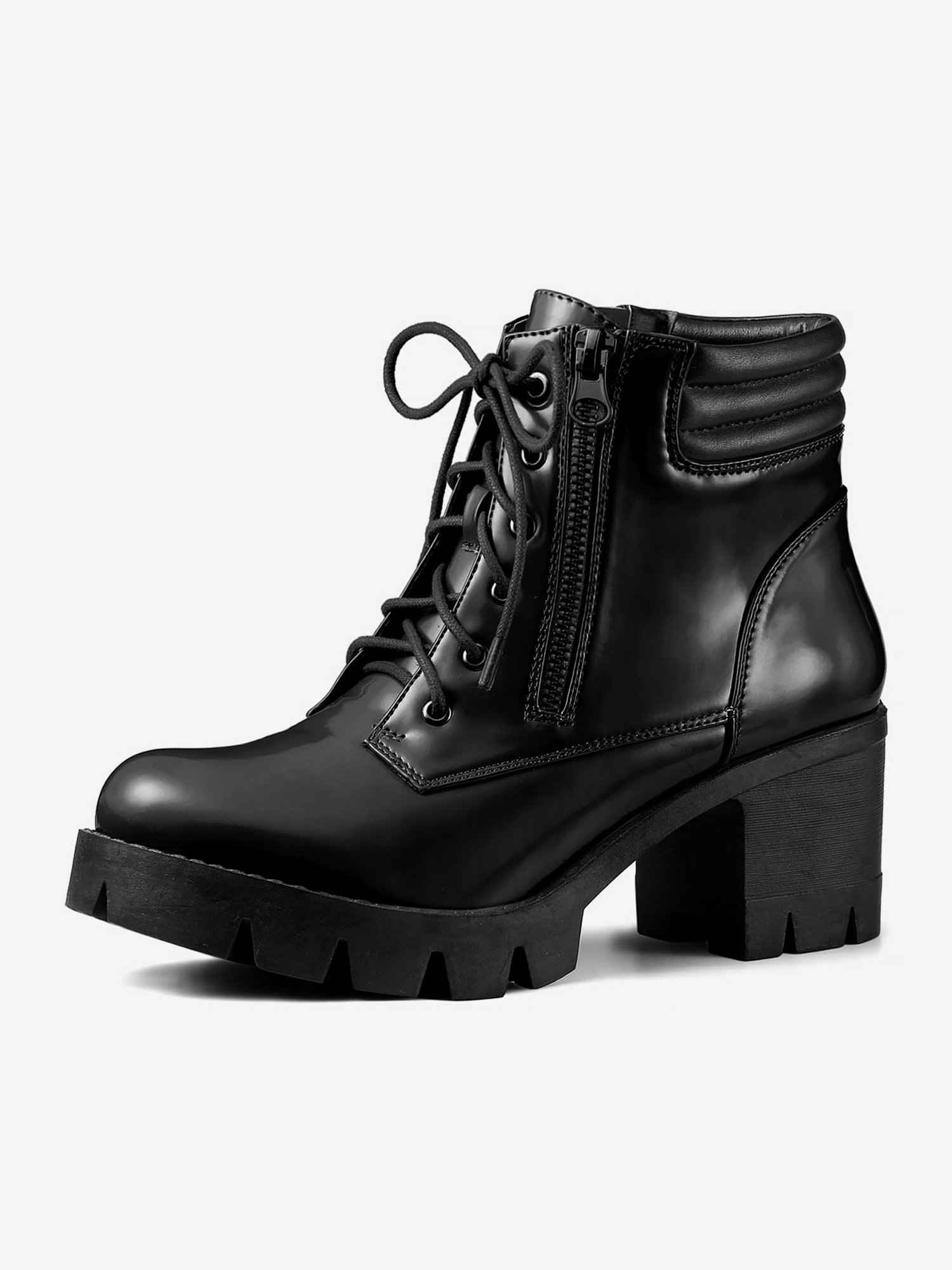 Lug Sole Zip Combat Block Heel Ankle Boots Black/10