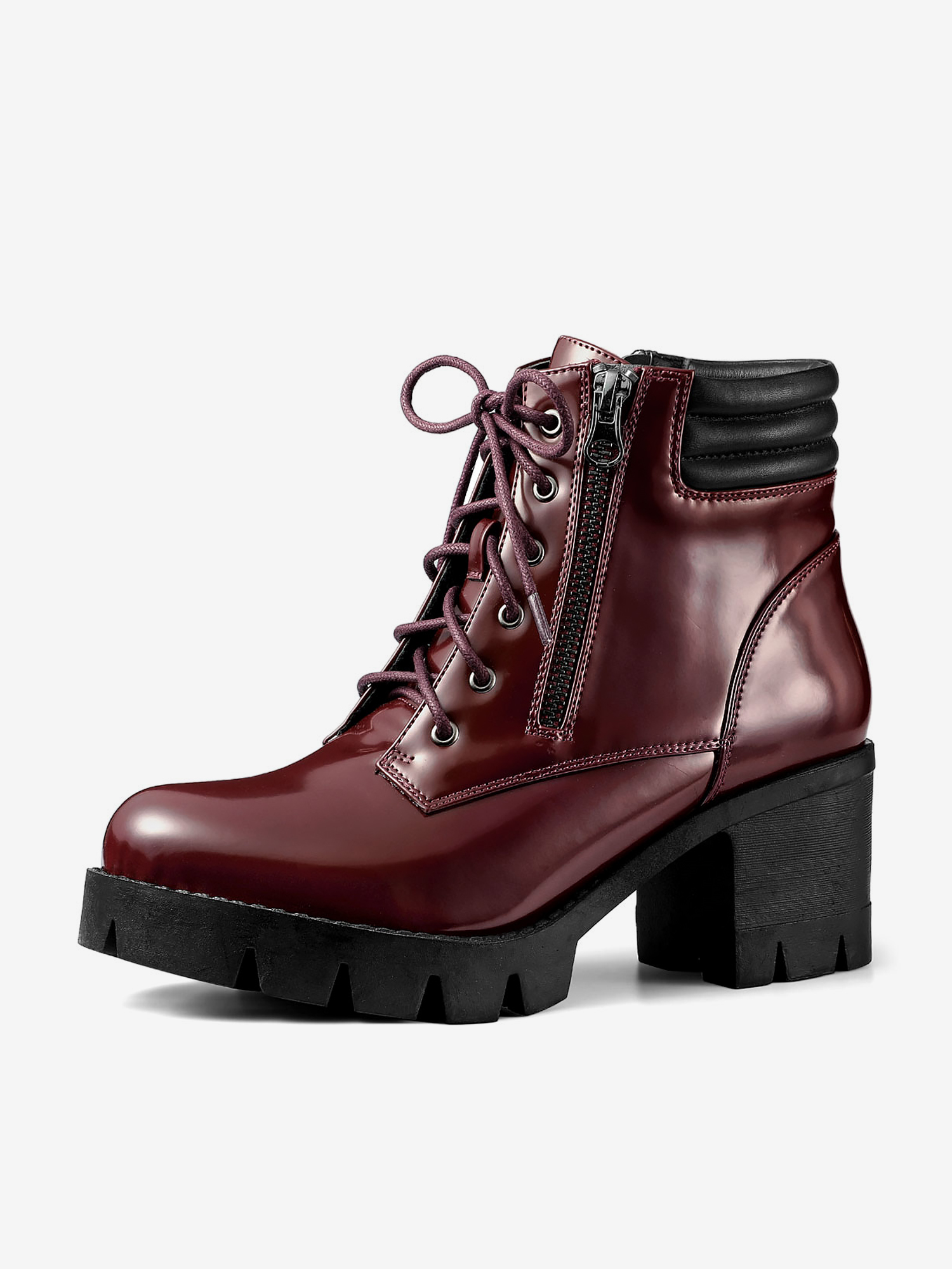 Lug Sole Zip Combat Block Heel Ankle Boots Burgundy/10